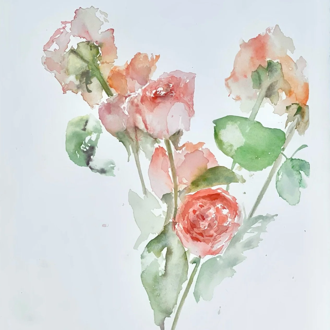 Watercolor painting of pink and orange roses with green leaves on a white background.