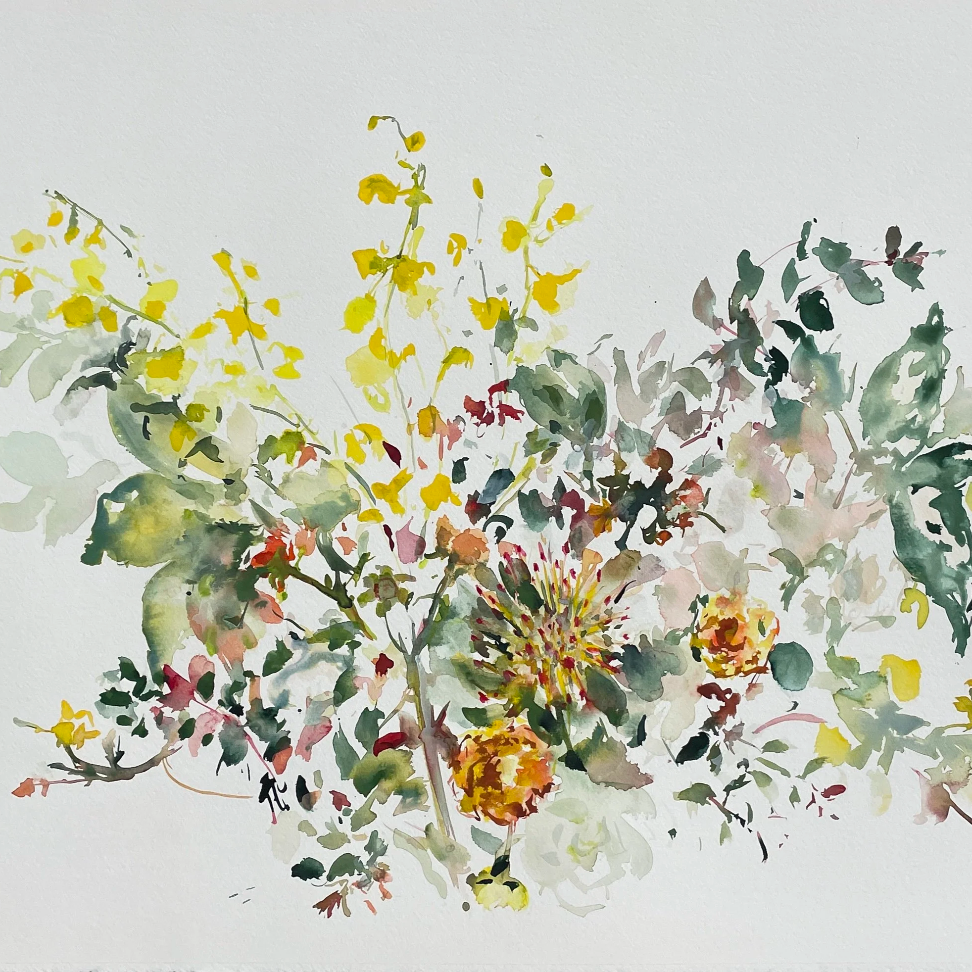 Watercolor painting of yellow, pink, and green flowers with leaves.