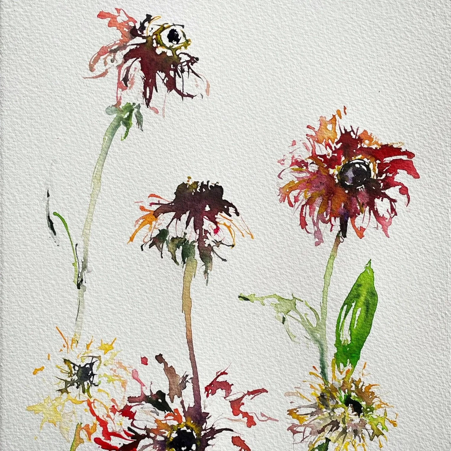 Watercolor painting of wilted flowers with dark centers, colorful petals, and green stems on textured paper background.