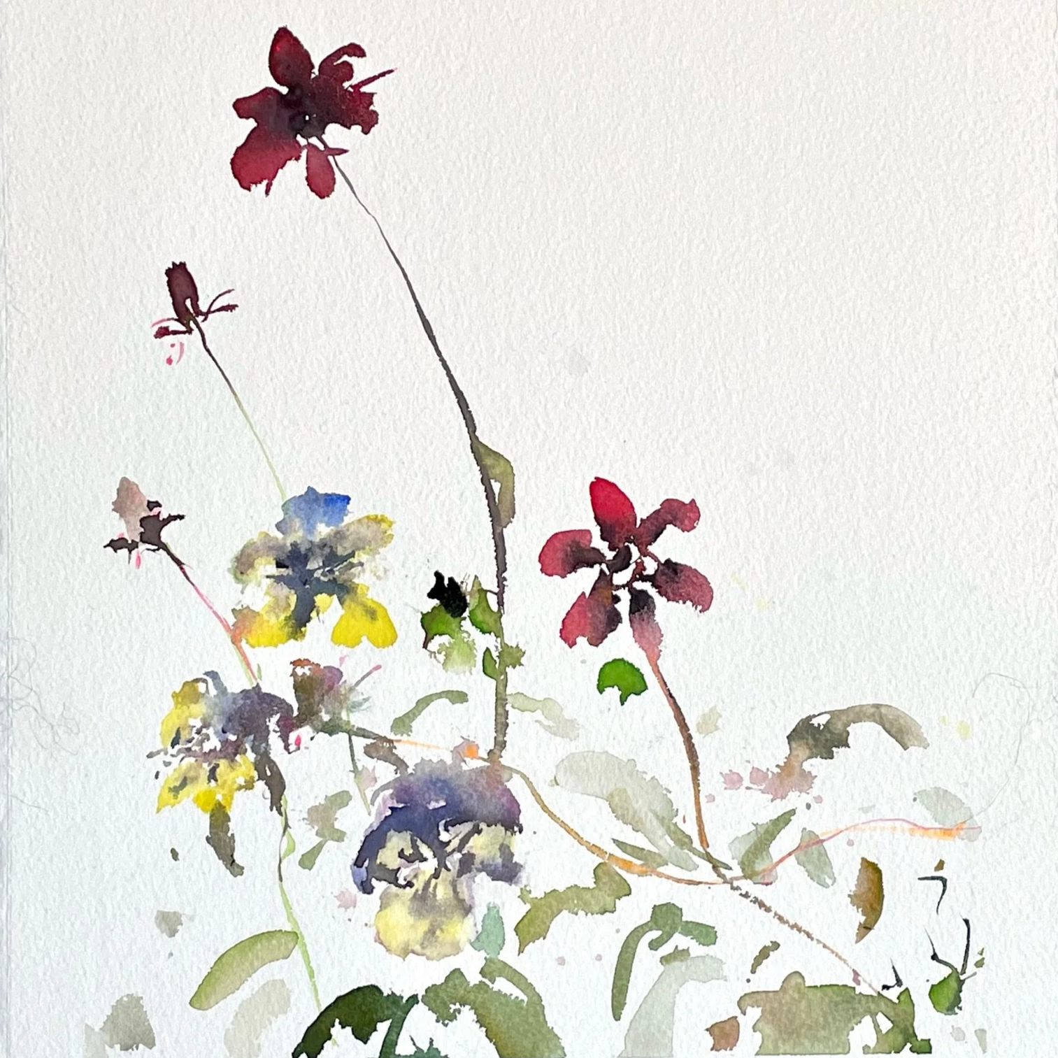 Watercolor painting of colorful flowers with red, yellow, purple, and blue petals on light background.
