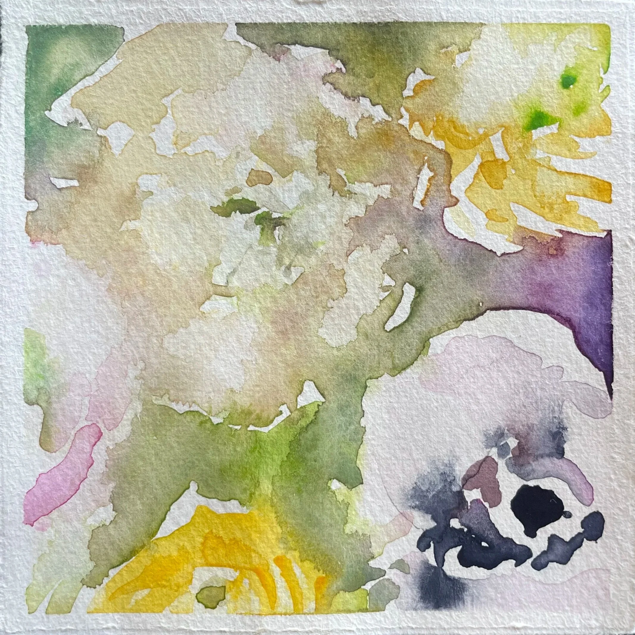 Watercolor painting of a skull with abstract and soft pastel colors including yellow, purple, green, black, and pink.