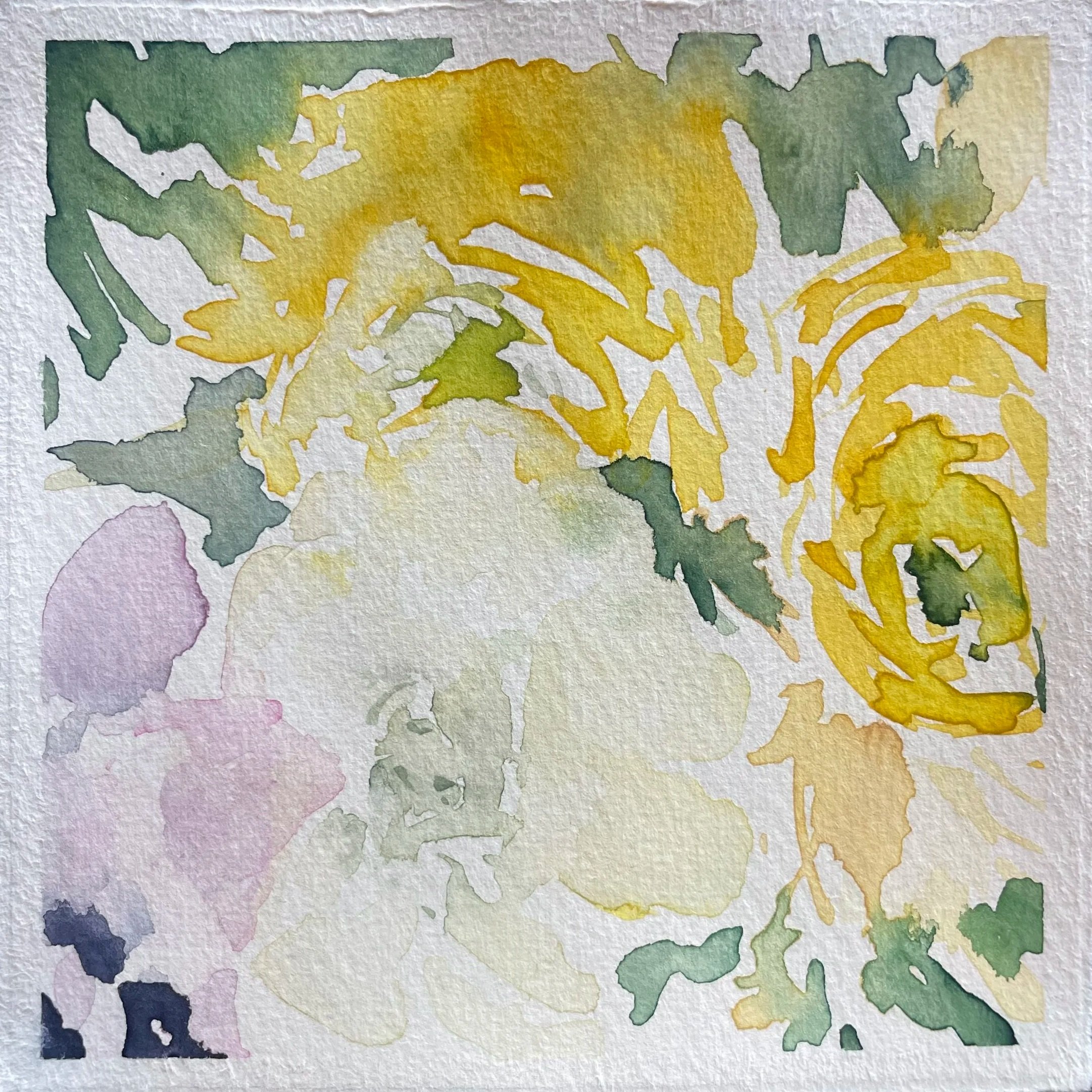 Watercolor painting of a still life featuring a white pumpkin surrounded by yellow flowers and green leaves.