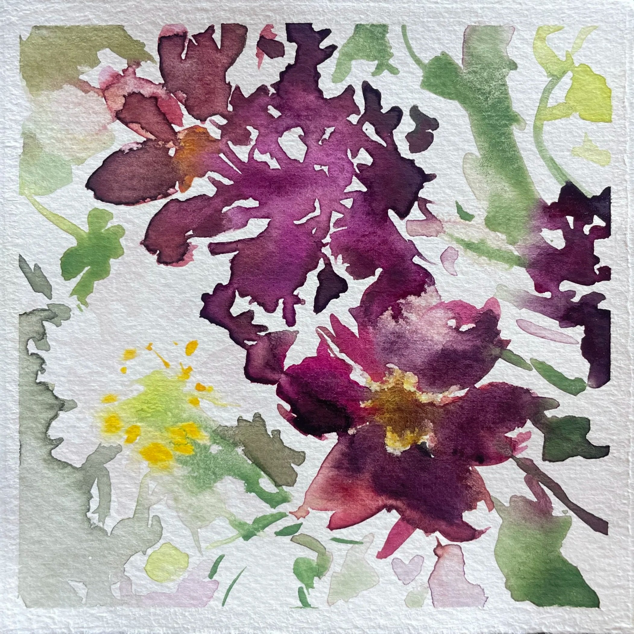 Watercolor painting of purple and pink flowers with green leaves and yellow accents on textured paper.