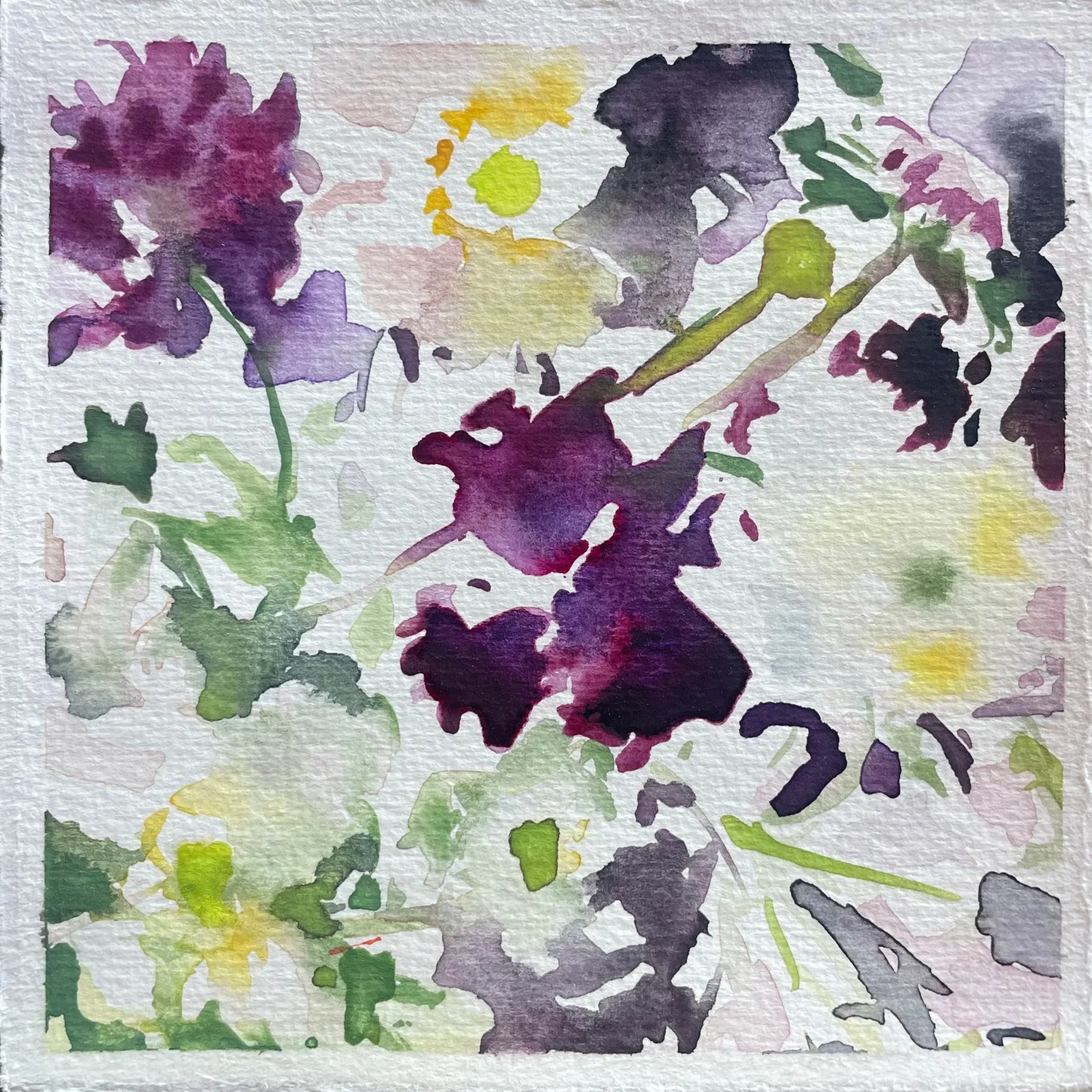 Watercolor painting of various purple, yellow, and green flowers with loosely defined shapes on textured paper.