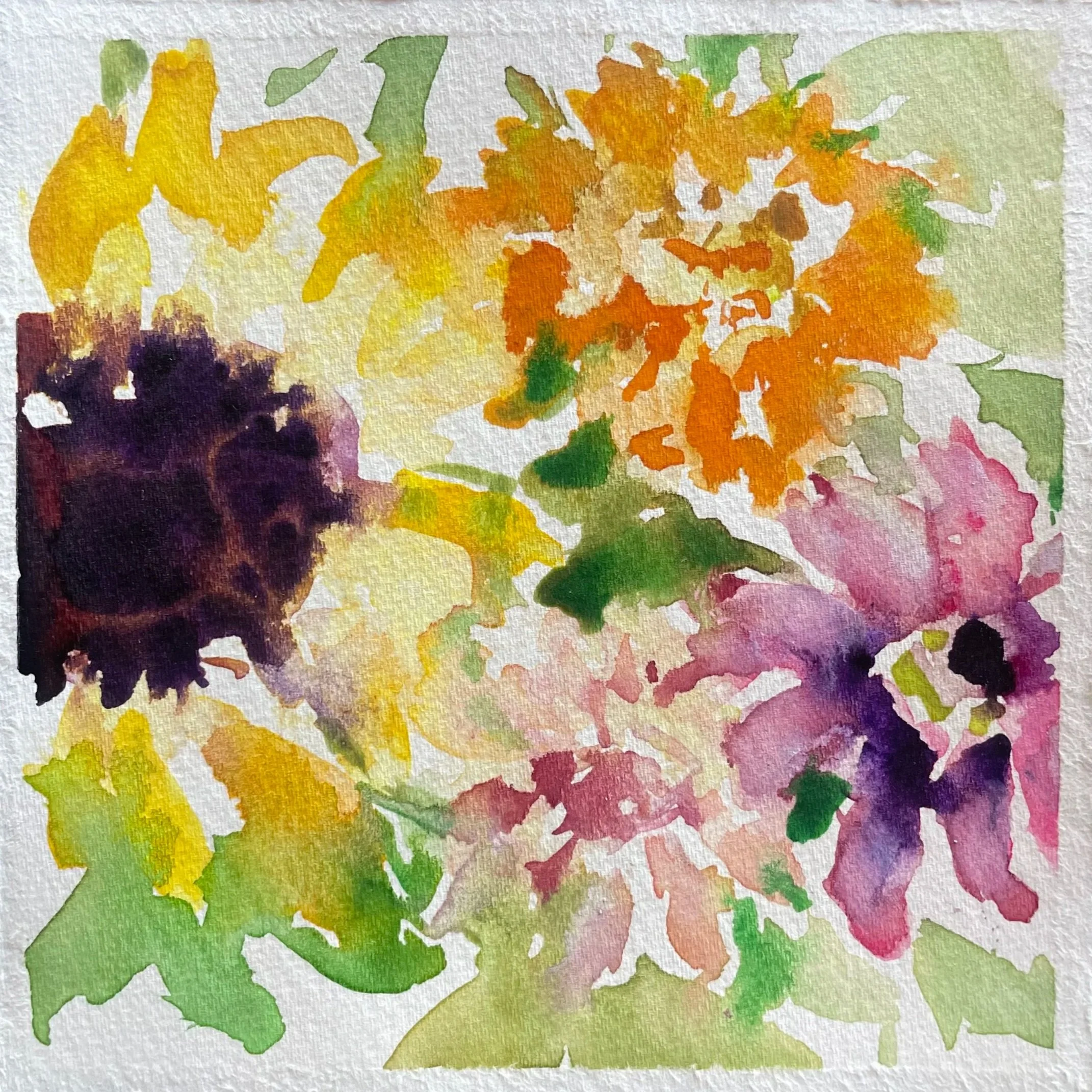 Watercolor painting of a floral bouquet with purple, pink, orange, and yellow flowers and green leaves.