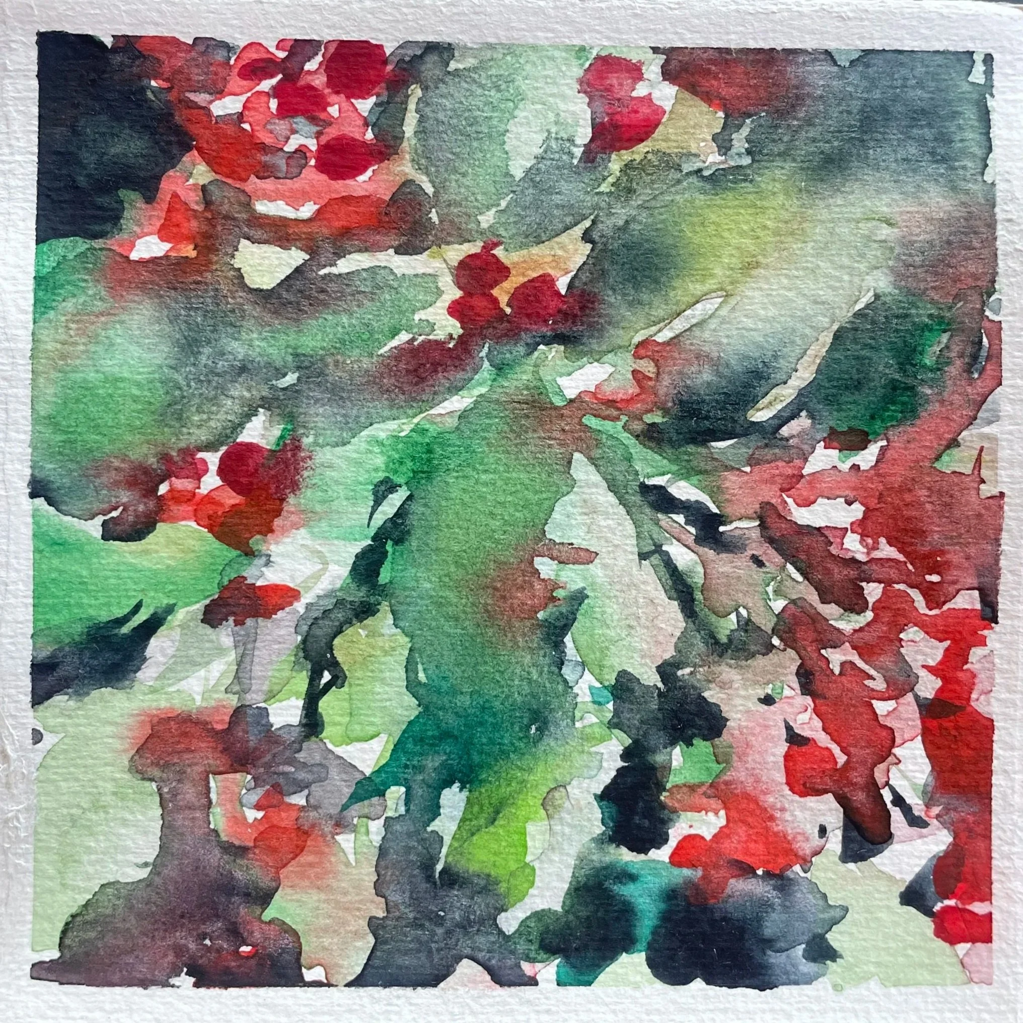 Abstract watercolor painting featuring red and green foliage with dark accents.