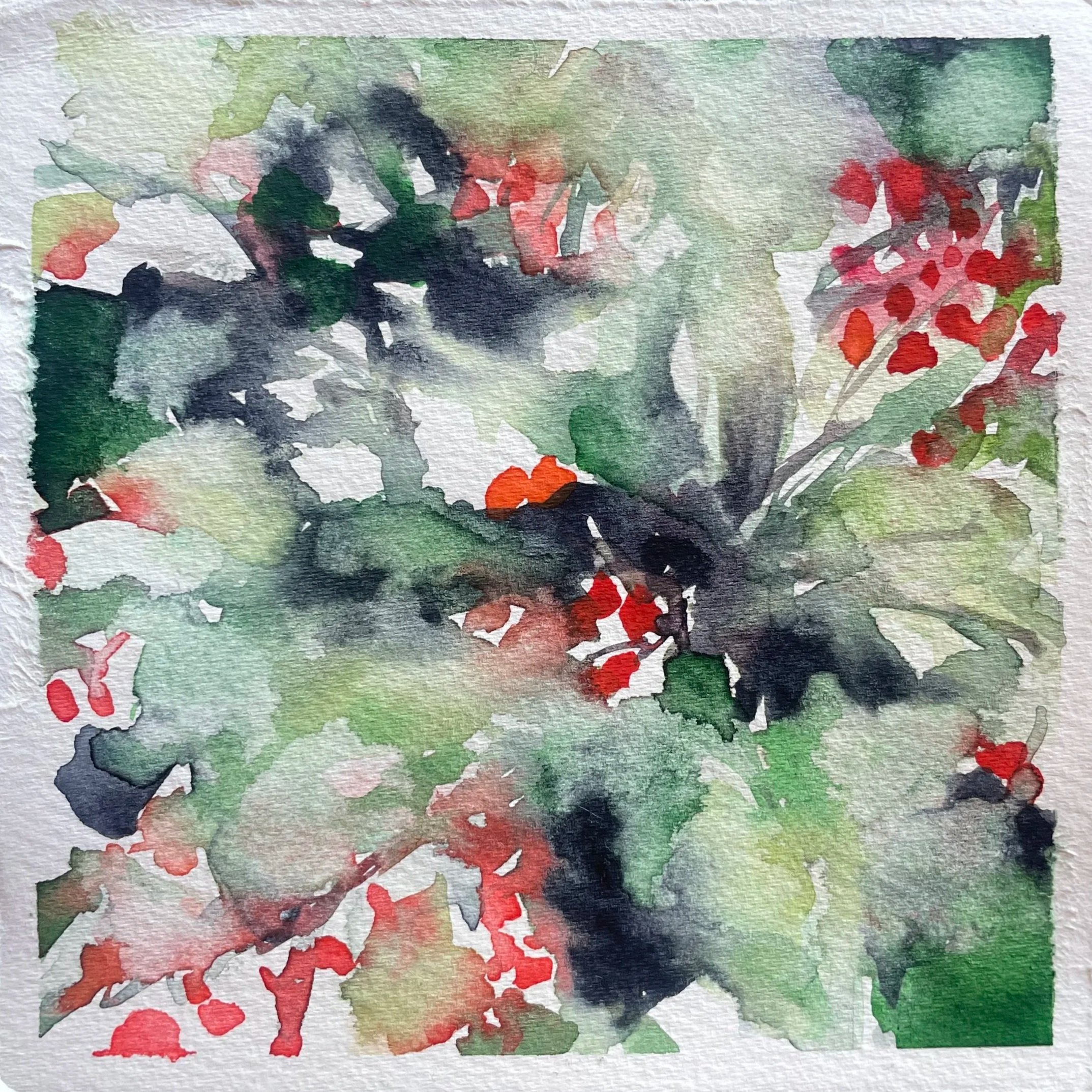 Watercolor painting of Christmas holly with green leaves and red berries.