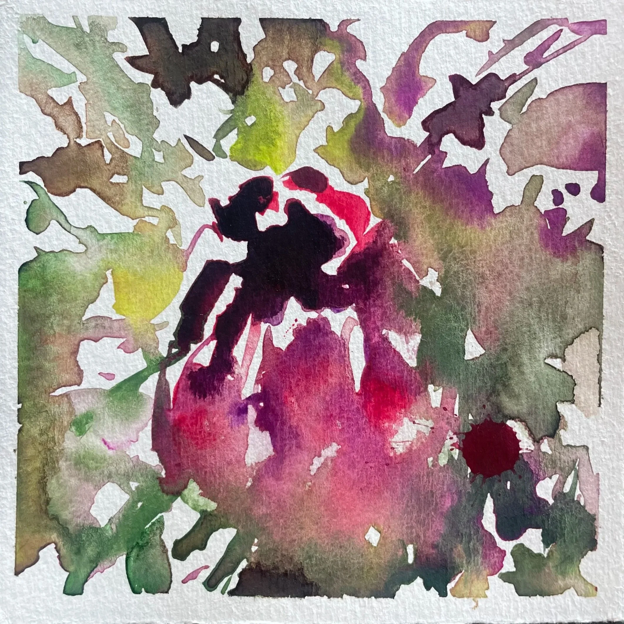 Watercolor painting of a pink rose with green and purple leaves around it.