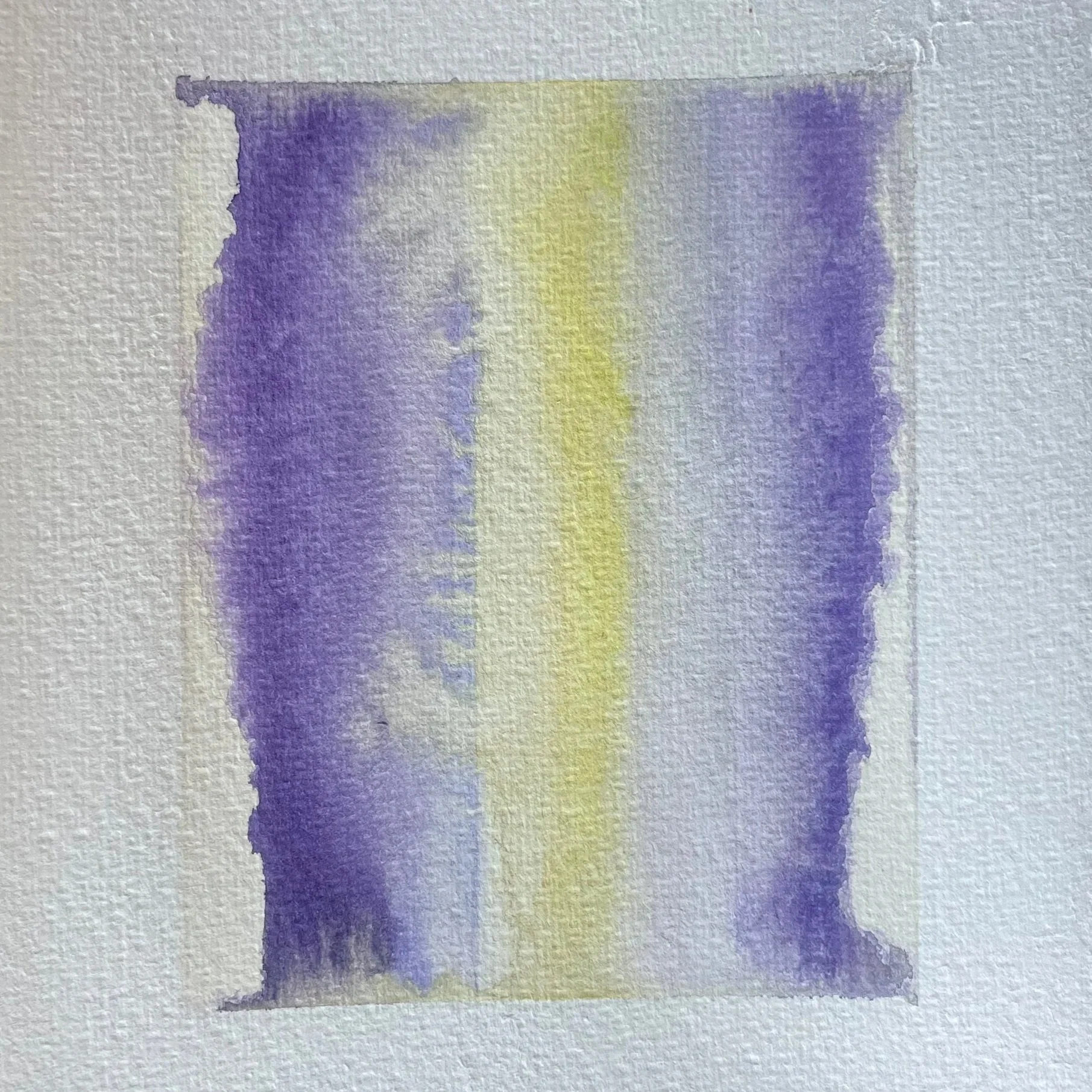 Watercolor painting with vertical purple and yellow streaks on textured paper.