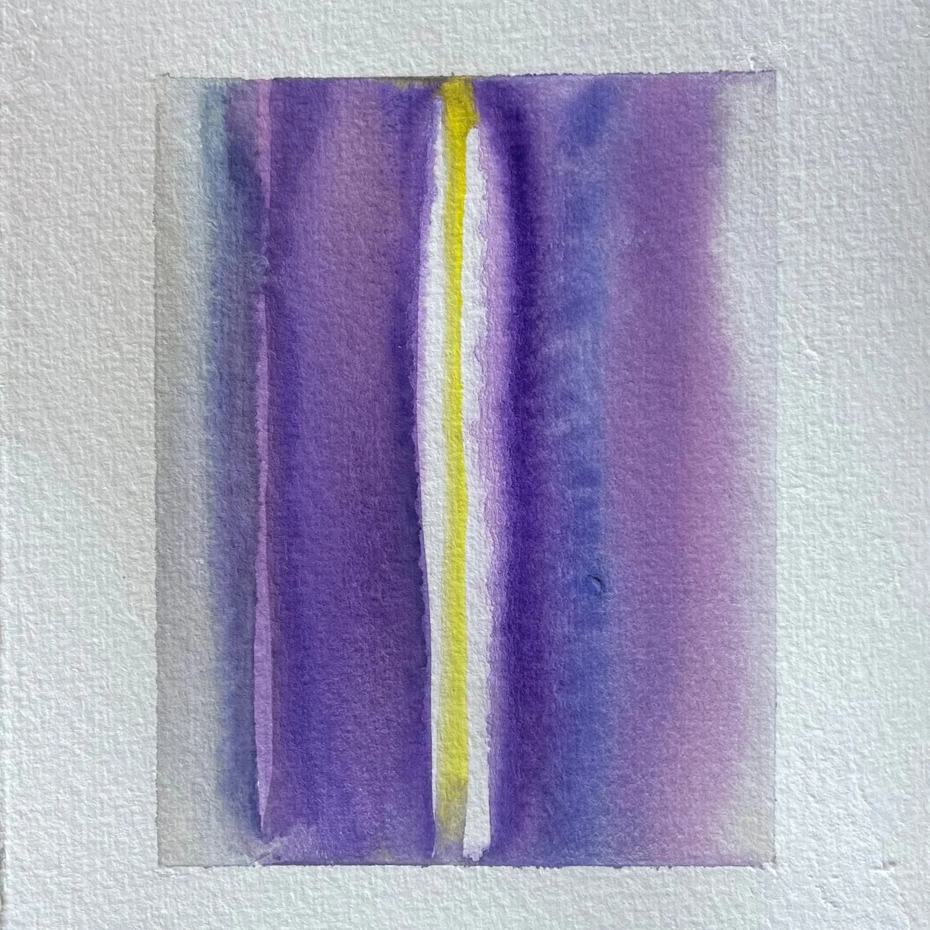 Abstract watercolor painting with vertical purple, yellow, and white streaks.