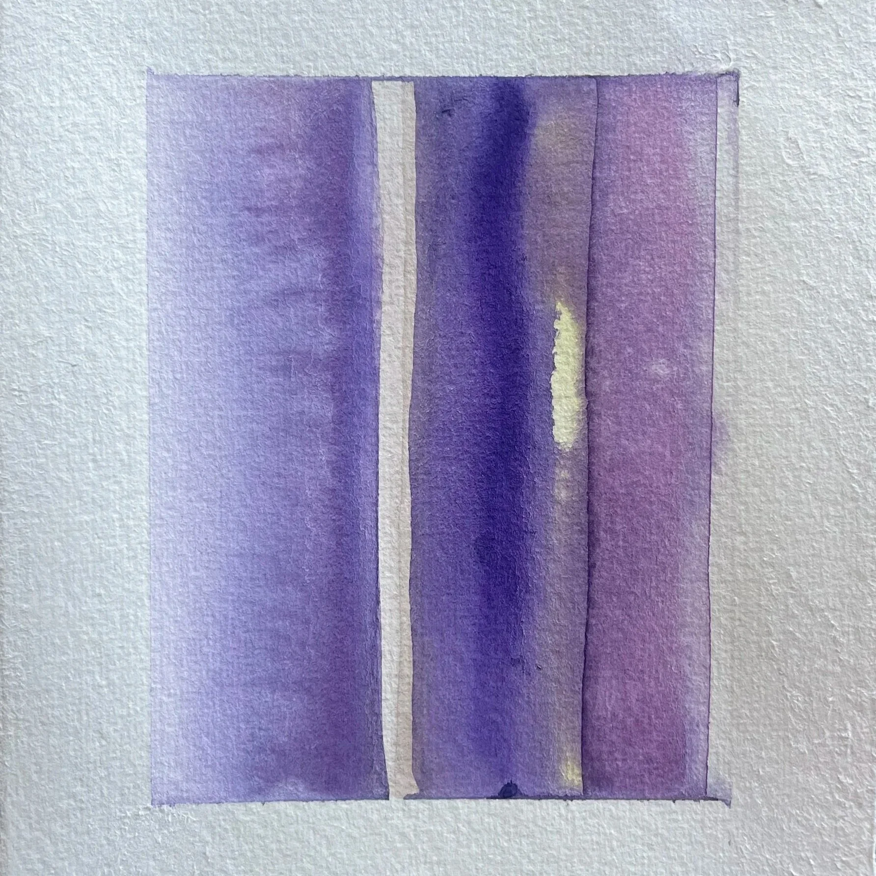 Watercolor painting of three vertical purple and lavender rectangles, with an off-white vertical line separating the first and second rectangles.