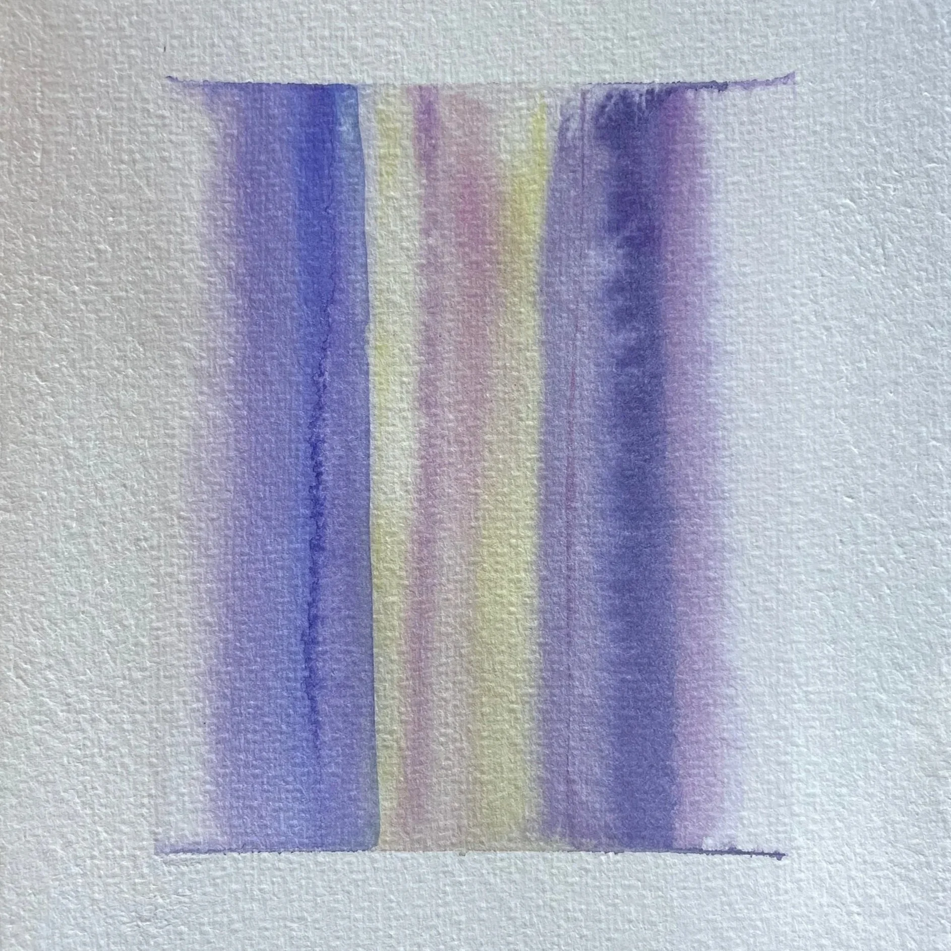 Watercolor painting with vertical streaks in purple, yellow, and pink on textured paper.