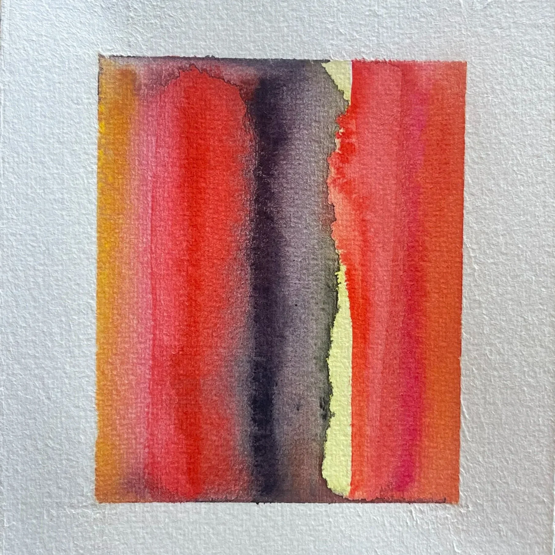 Abstract watercolor painting with bold vertical red, black, yellow, and purple streaks.