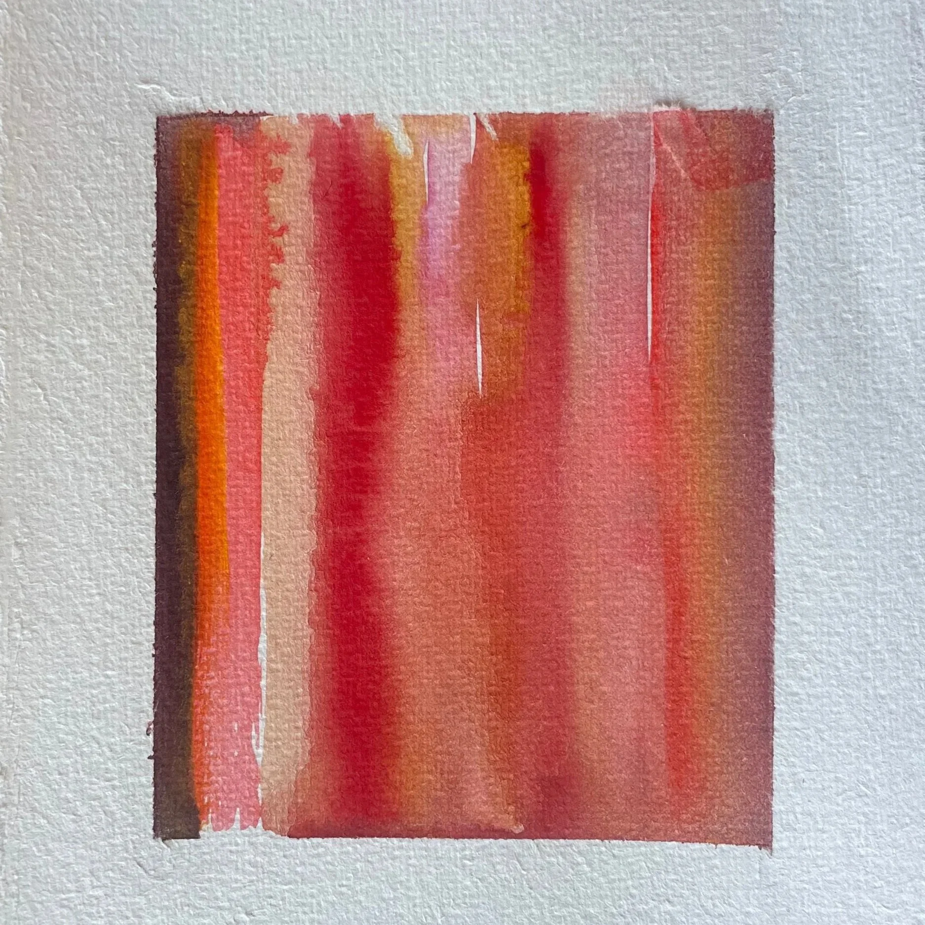 Watercolor painting with red, orange, pink, and purple vertical streaks on textured paper.