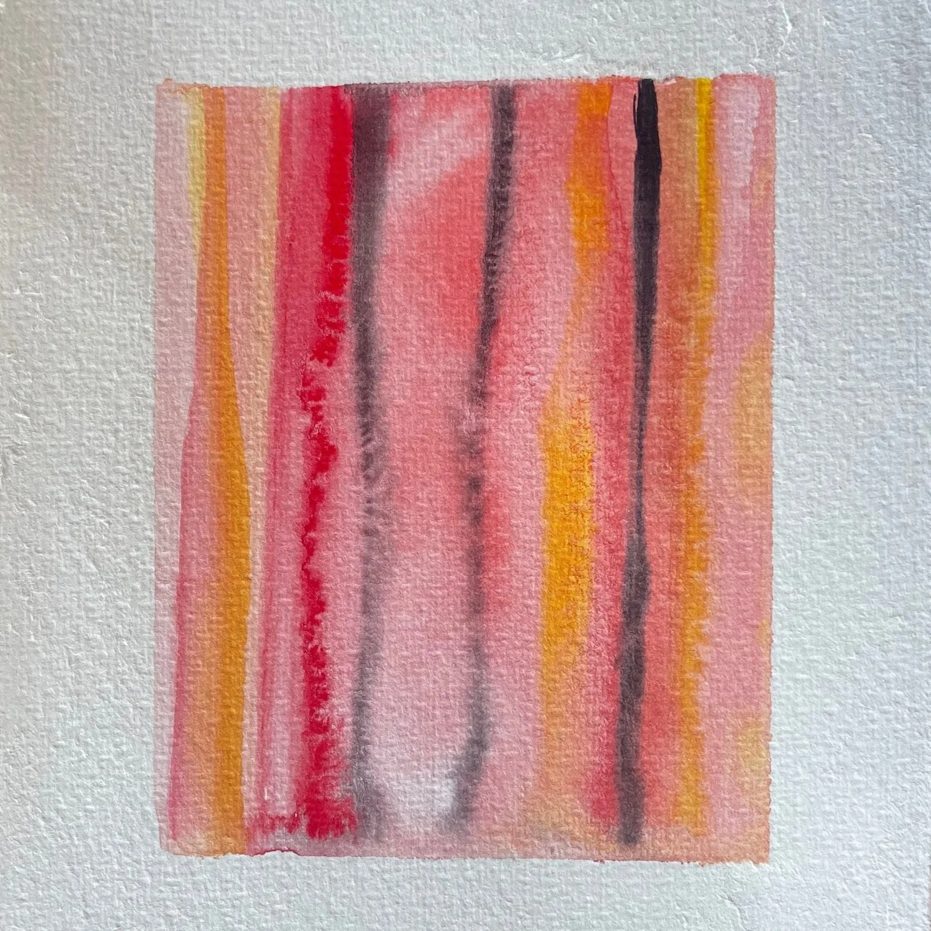 Watercolor painting with vertical stripes in red, pink, orange, black, and yellow hues.