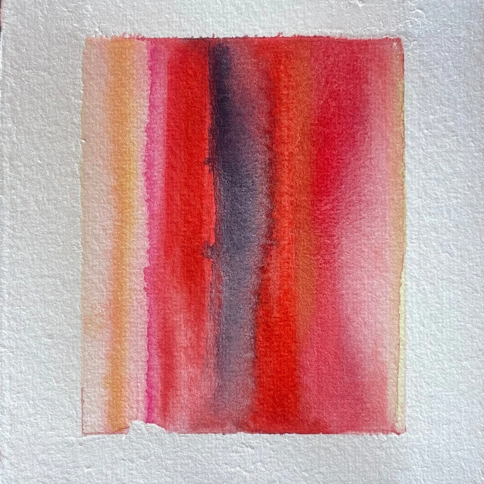 Abstract watercolor painting with vertical streaks of red, pink, purple, and beige on textured paper.