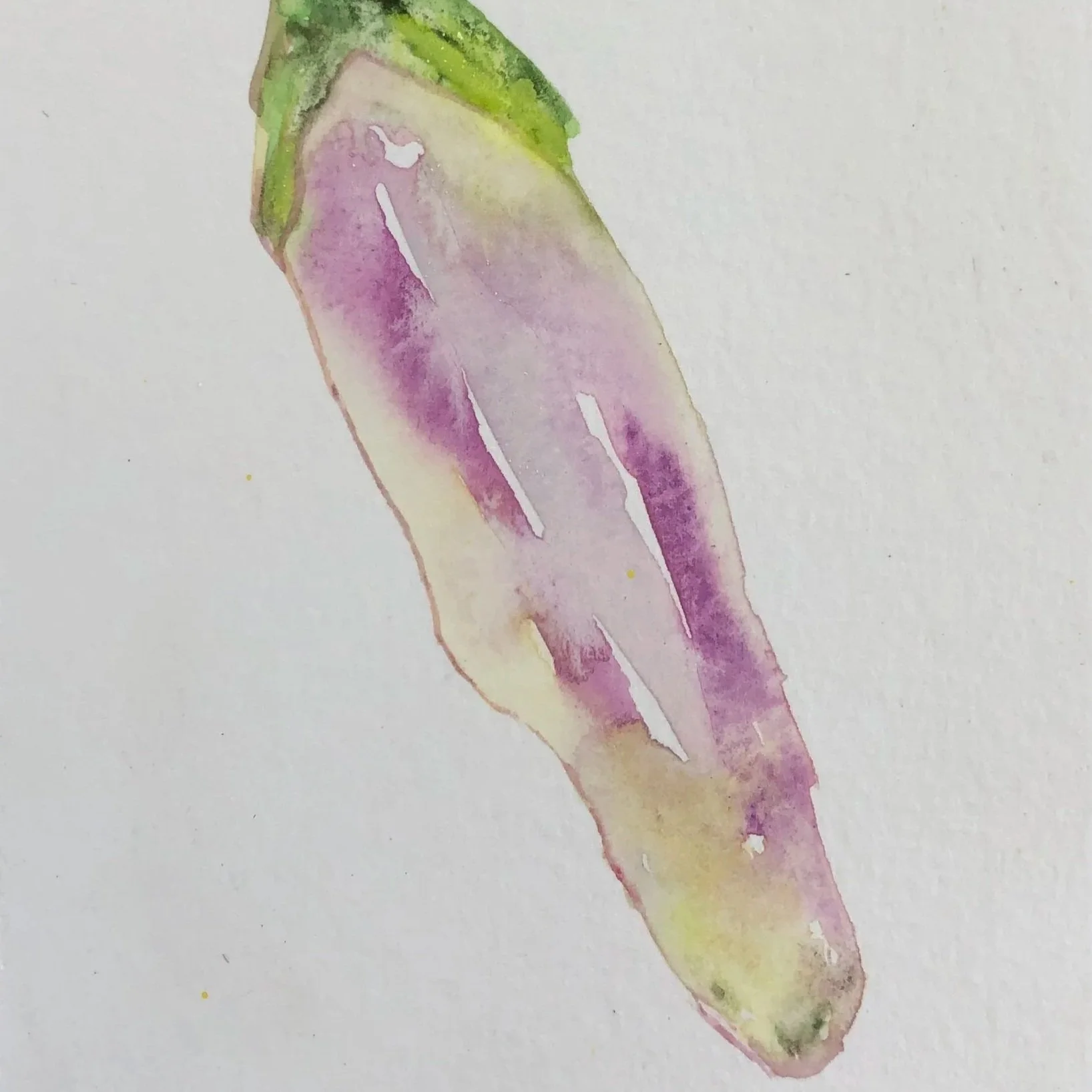 Watercolor painting of a colorful, abstract leaf with shades of green, purple, and yellow on textured paper.