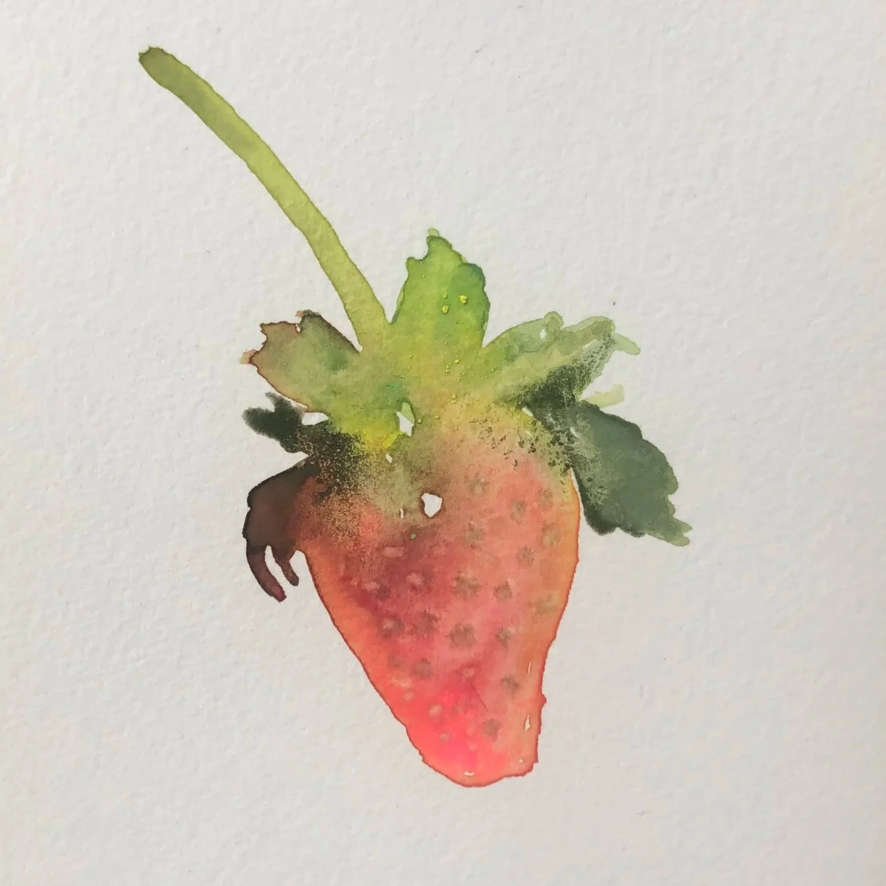Watercolor painting of a strawberry with green leaves and stem on white background.