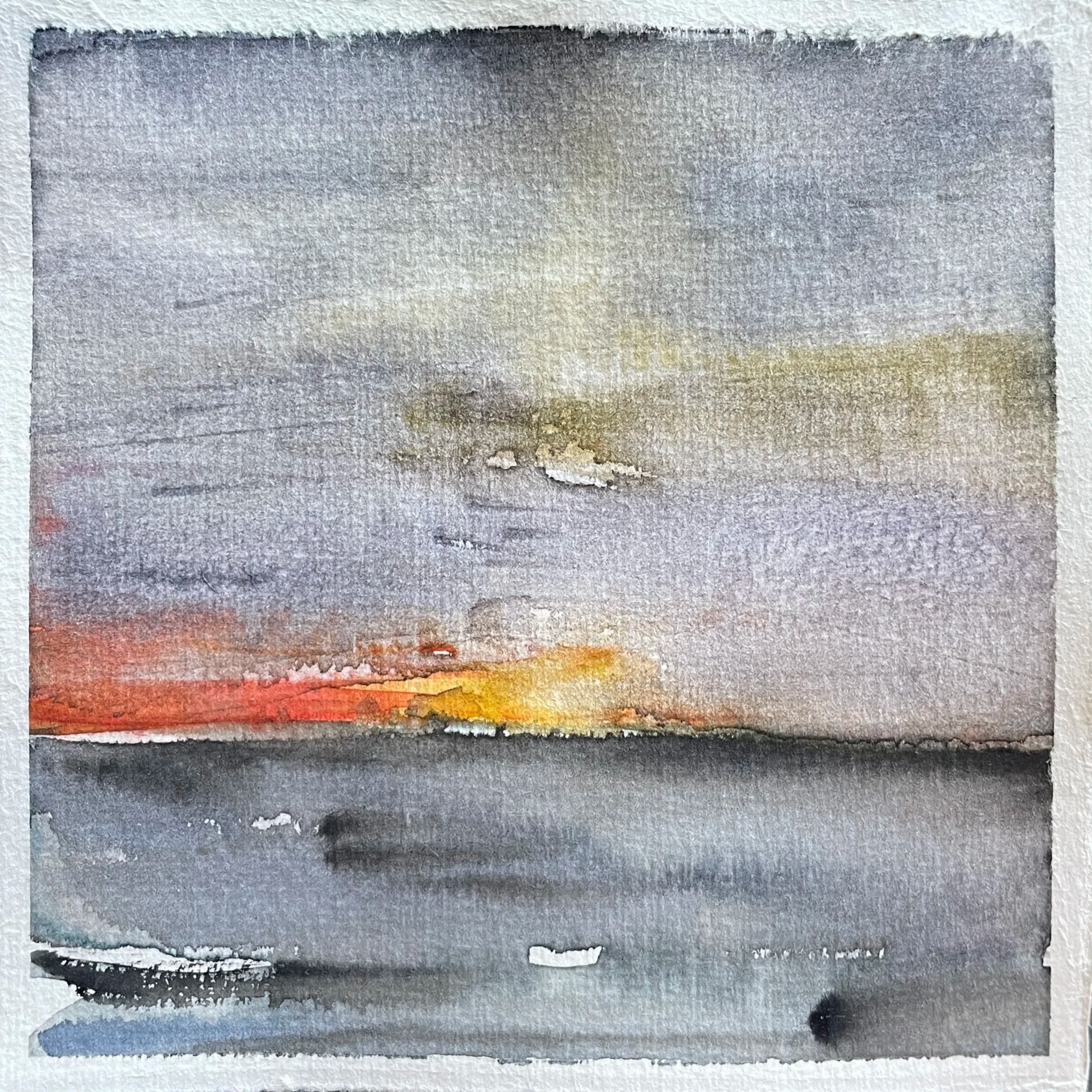 Watercolor painting of a sunset over a body of water with a cloudy sky.