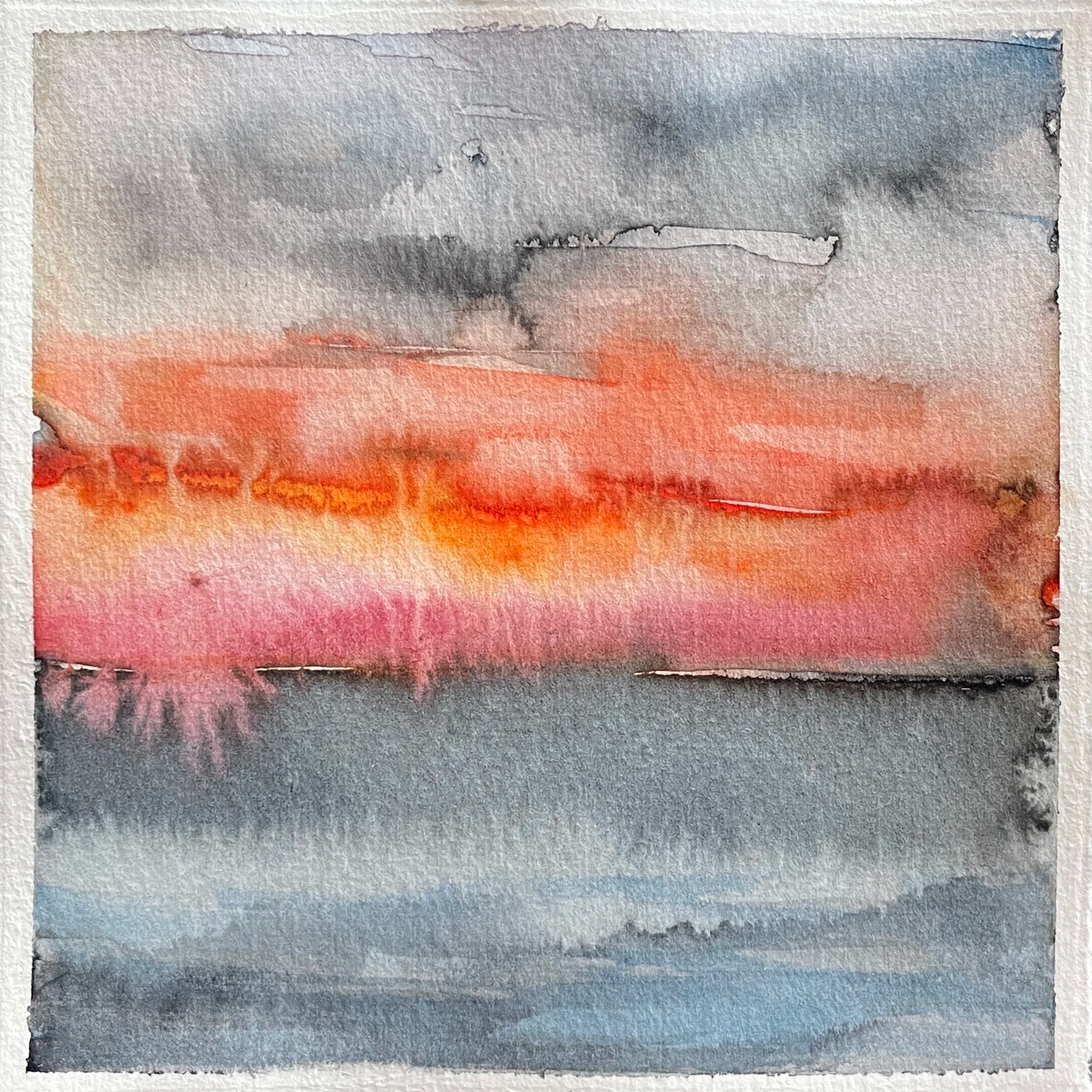 Watercolor painting of a colorful sunset over a body of water with orange, pink, and gray hues.