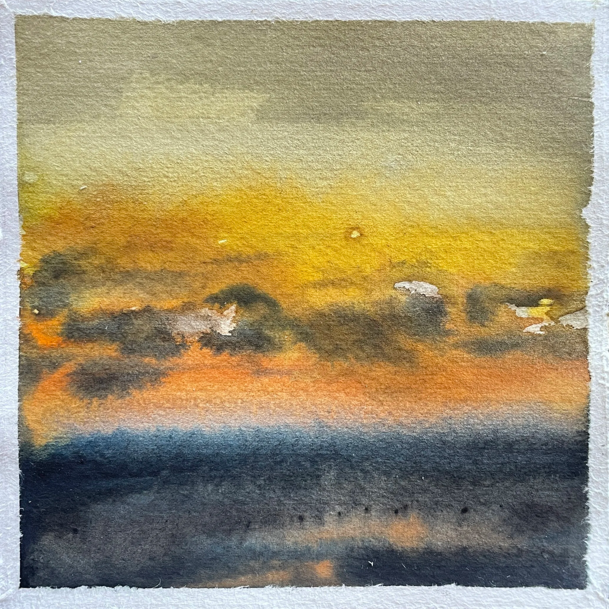 A watercolor painting of a sunset sky with clouds and a dark horizon.