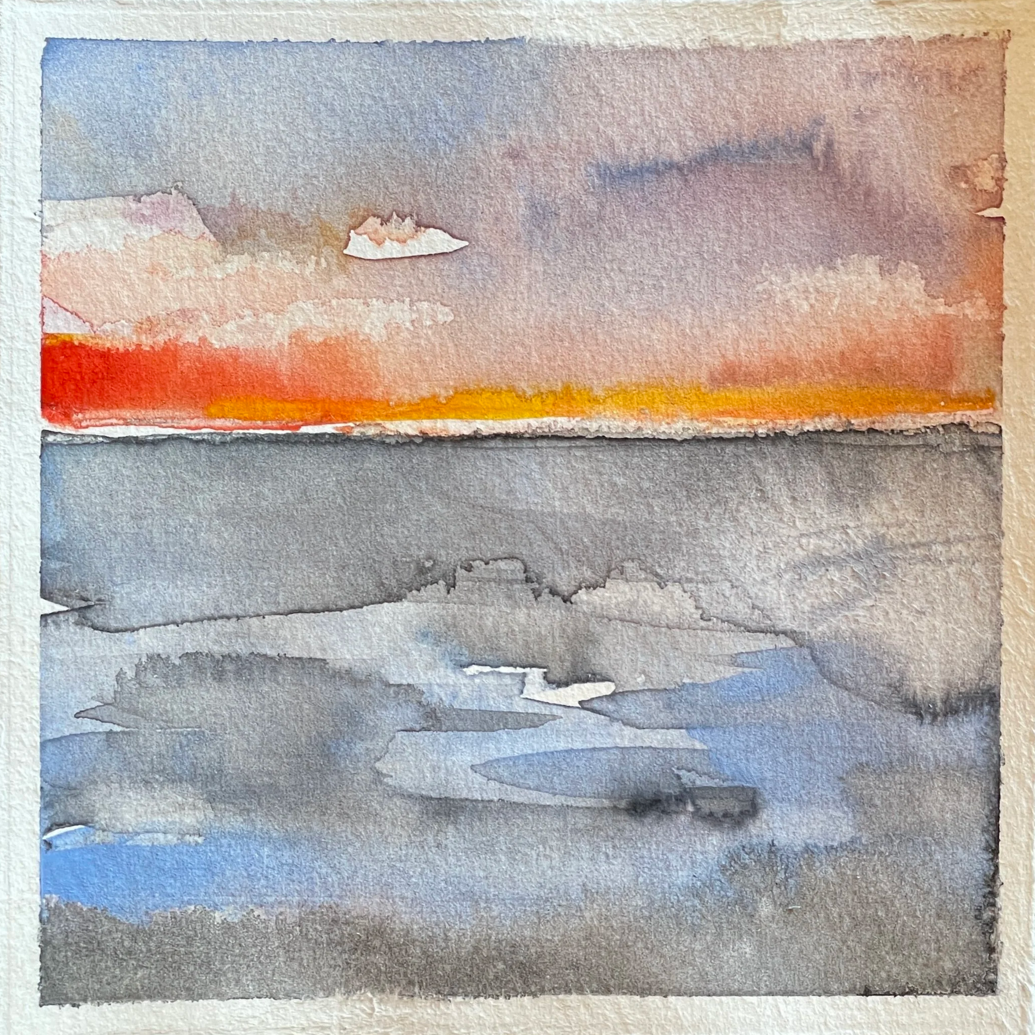 Watercolor painting of a colorful sunset over the ocean with cloudy sky