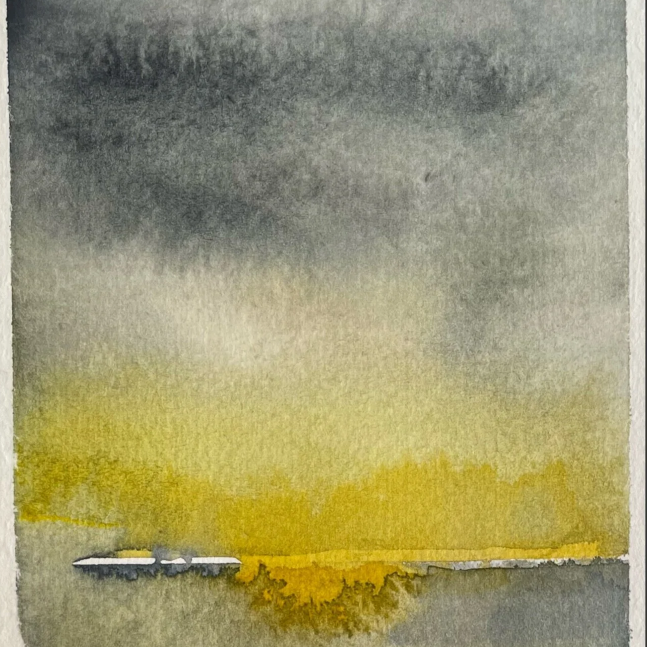A watercolor painting of a landscape with dark cloudy sky, a yellowish horizon, and a silhouette of trees and a small building in the distance.