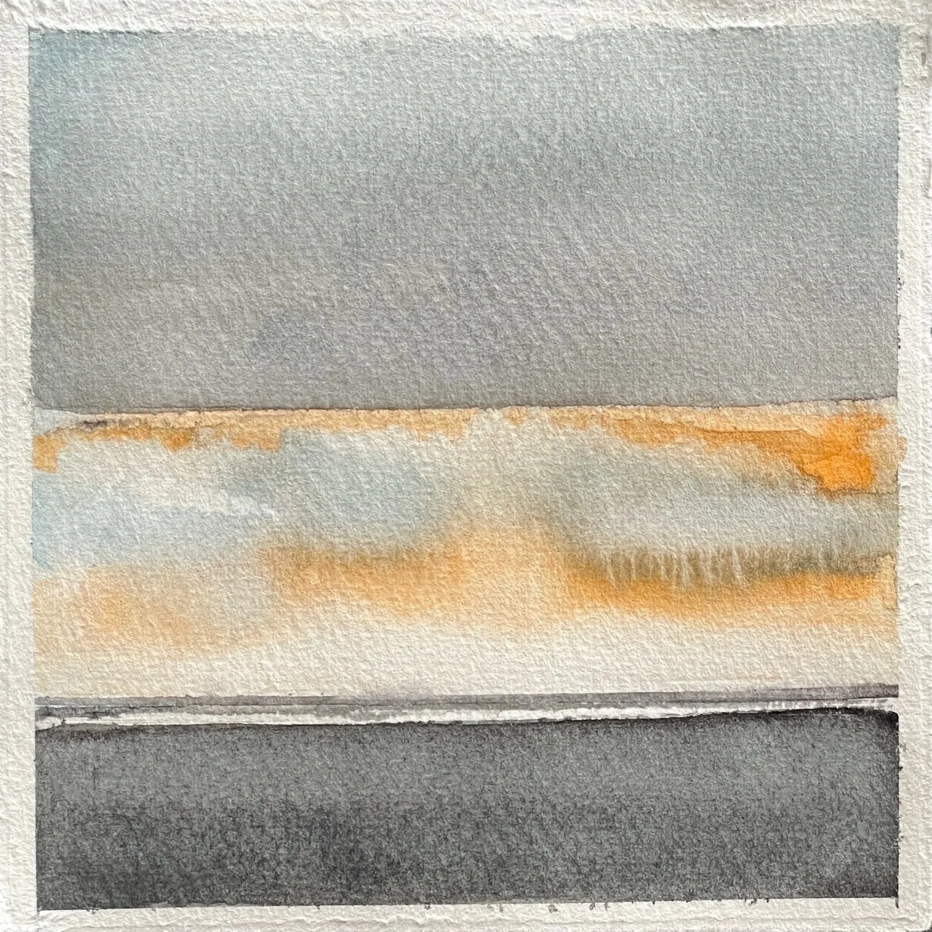 A watercolor painting of an abstract landscape, featuring layers of gray, orange, and black colors with textured brushstrokes.