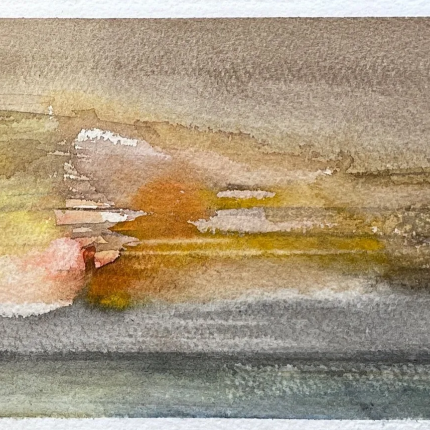Abstract watercolor painting with horizontal streaks of yellow, orange, pink, white, gray, and black.