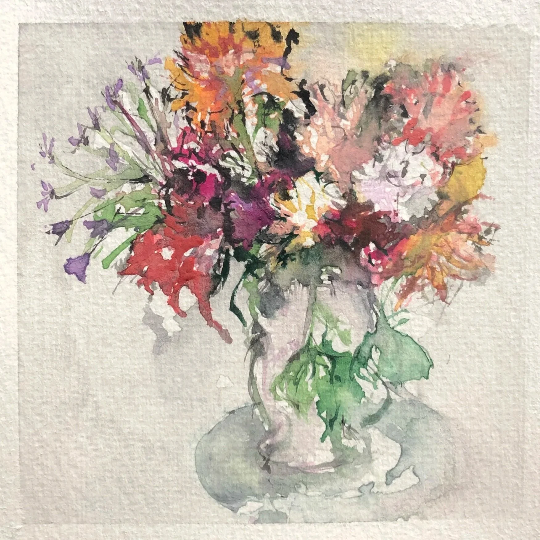 Watercolor painting of a colorful bouquet of flowers in a vase.