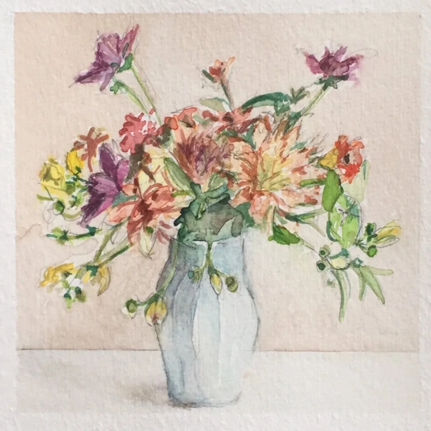 Watercolor painting of a bouquet of colorful flowers in a white vase.
