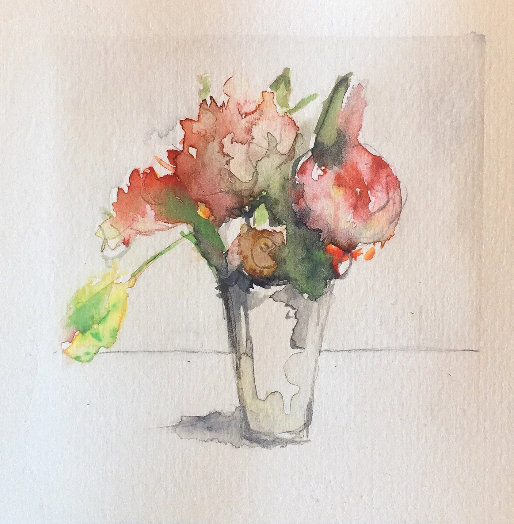 Watercolor painting of a small bouquet of flowers in a glass vase on a light background.