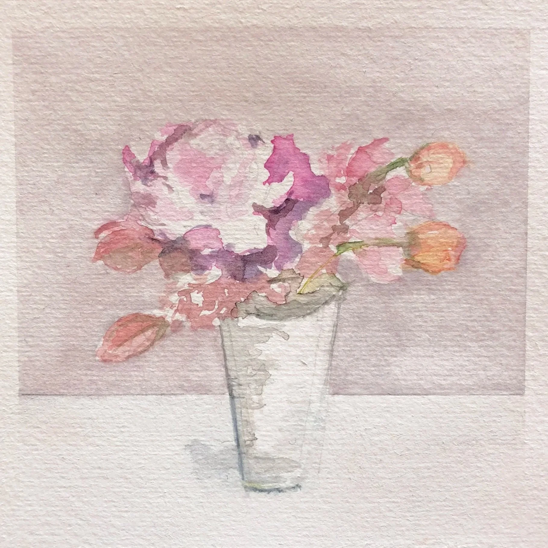 Watercolor painting of a bouquet of pink and purple flowers in a transparent glass vase, against a soft pink background.