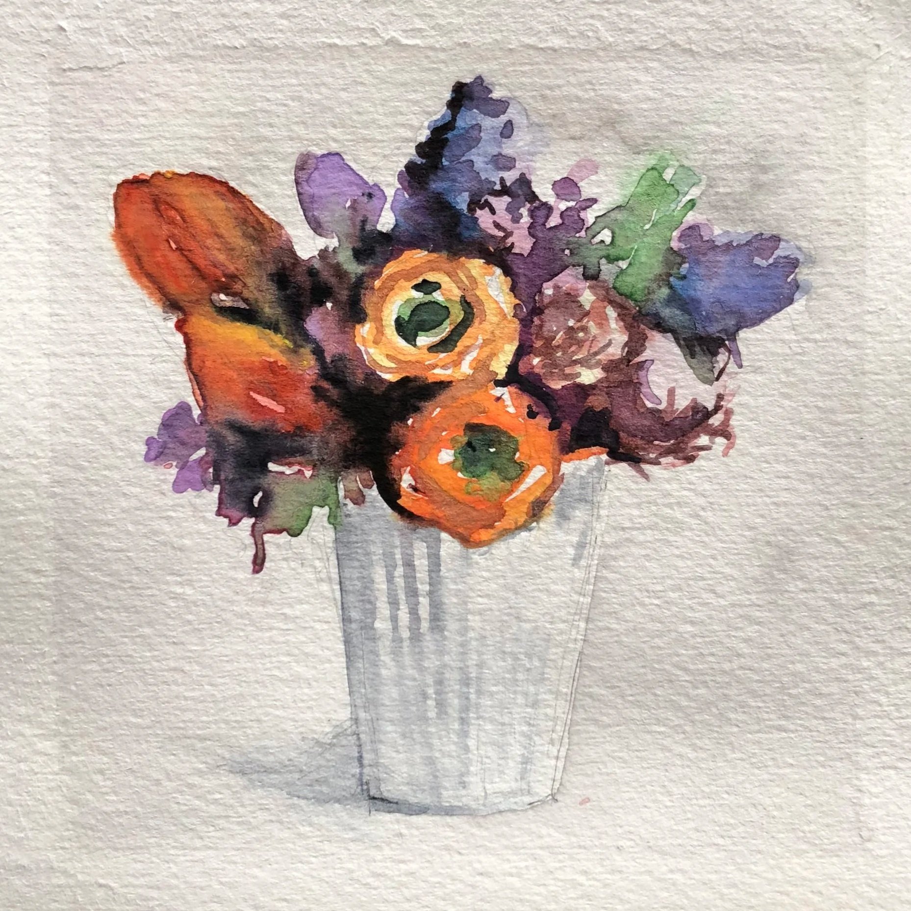 Watercolor painting of a bouquet of purple, orange, and red flowers in a white vase.