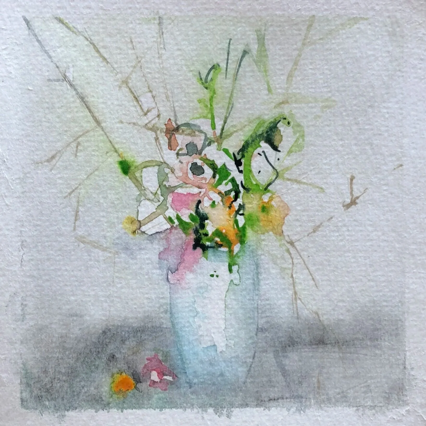A watercolor painting of a flower vase with mixed flowers on a surface, using soft pastel colors and loose brushstrokes.