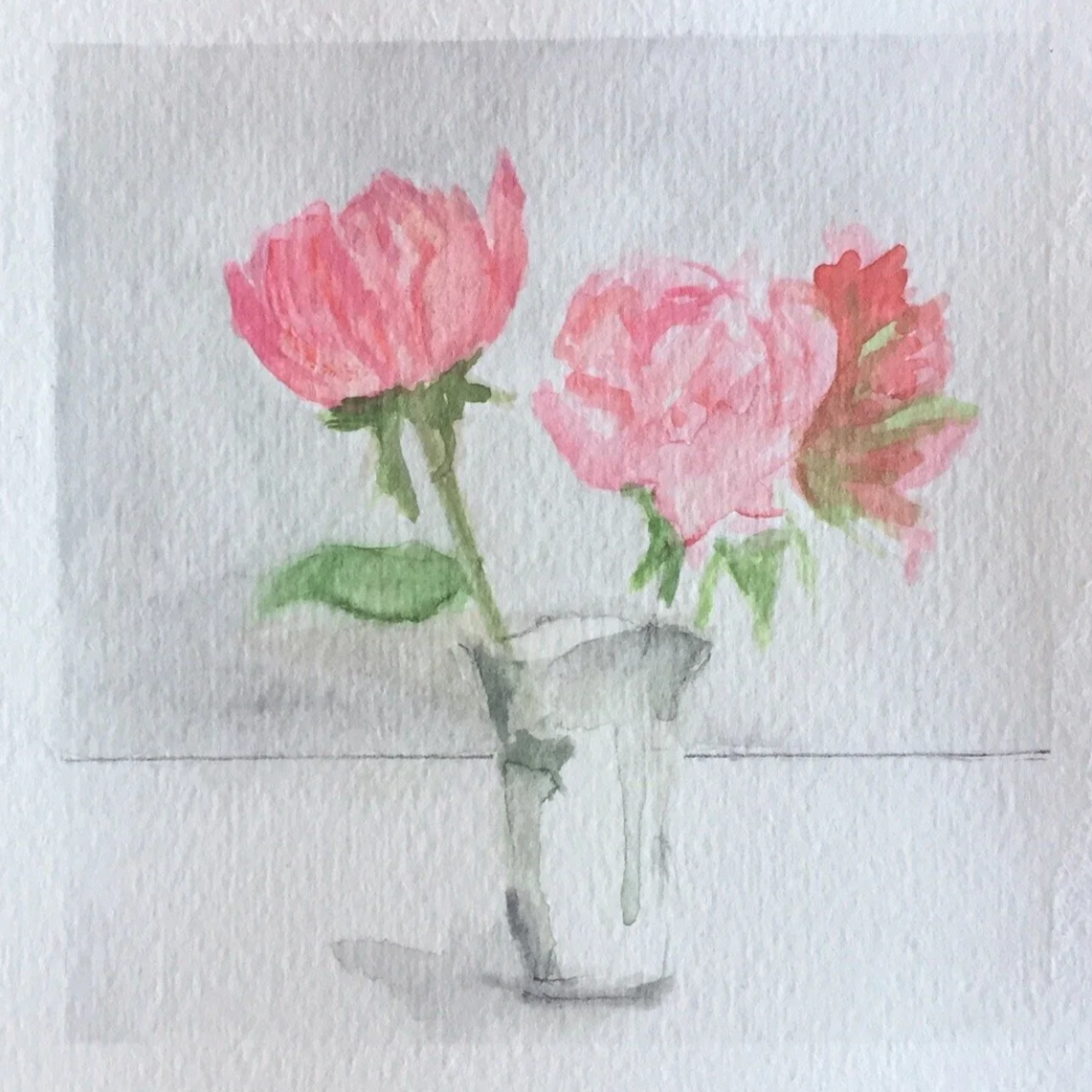 Watercolor painting of pink peonies in a white vase on a minimalist surface.