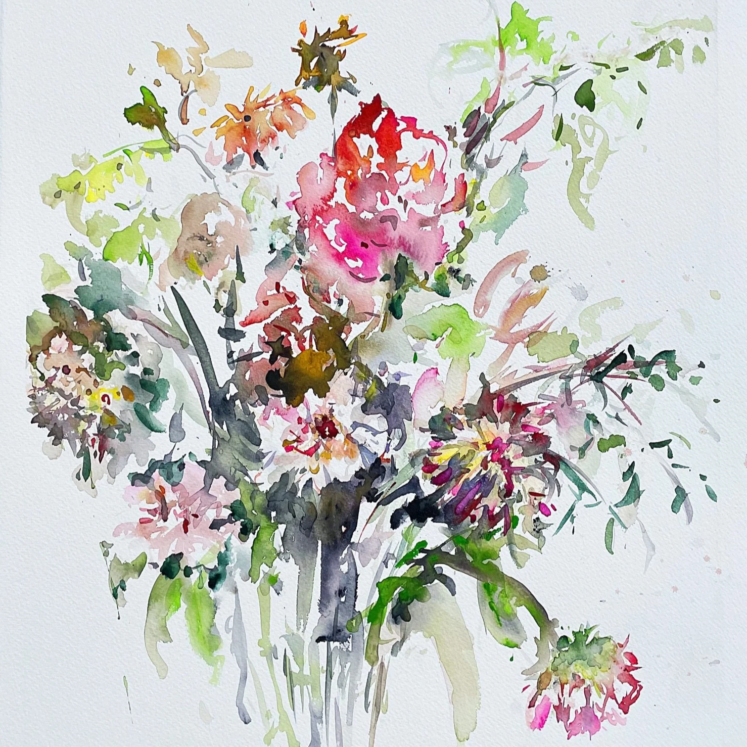 Watercolor painting of a colorful bouquet of flowers with pinks, reds, greens, and purples.