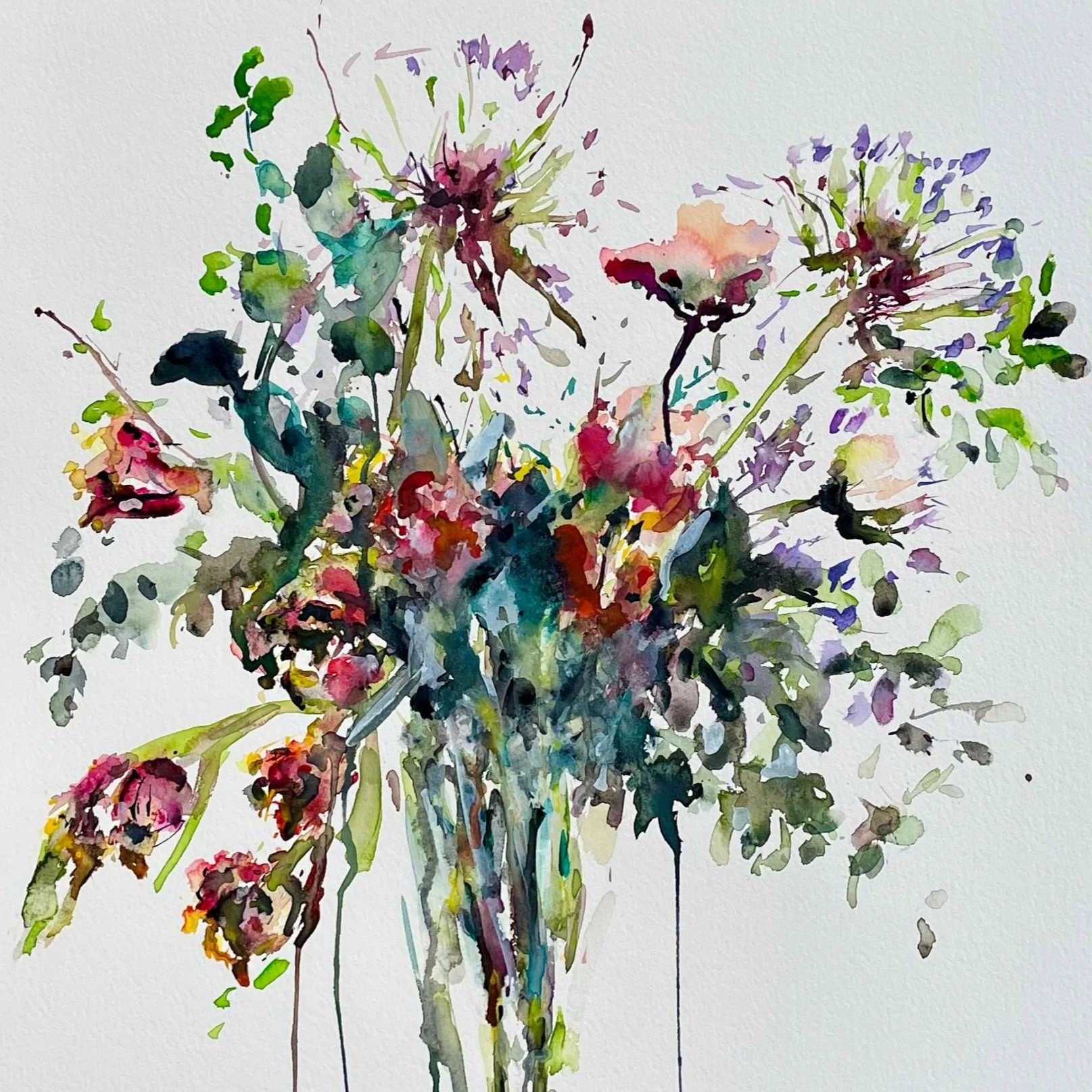 Watercolor painting of a bouquet of flowers in a vase, with vibrant colors and abstract style.