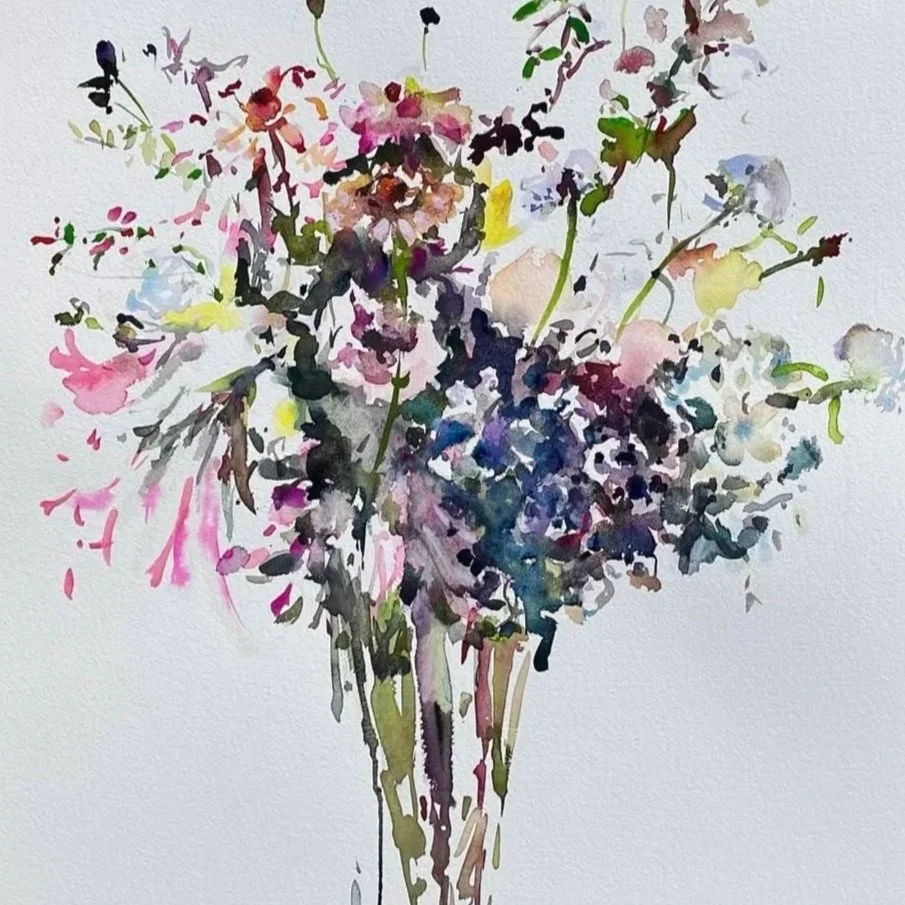 Watercolor painting of a bouquet of multicolored flowers in a vase.