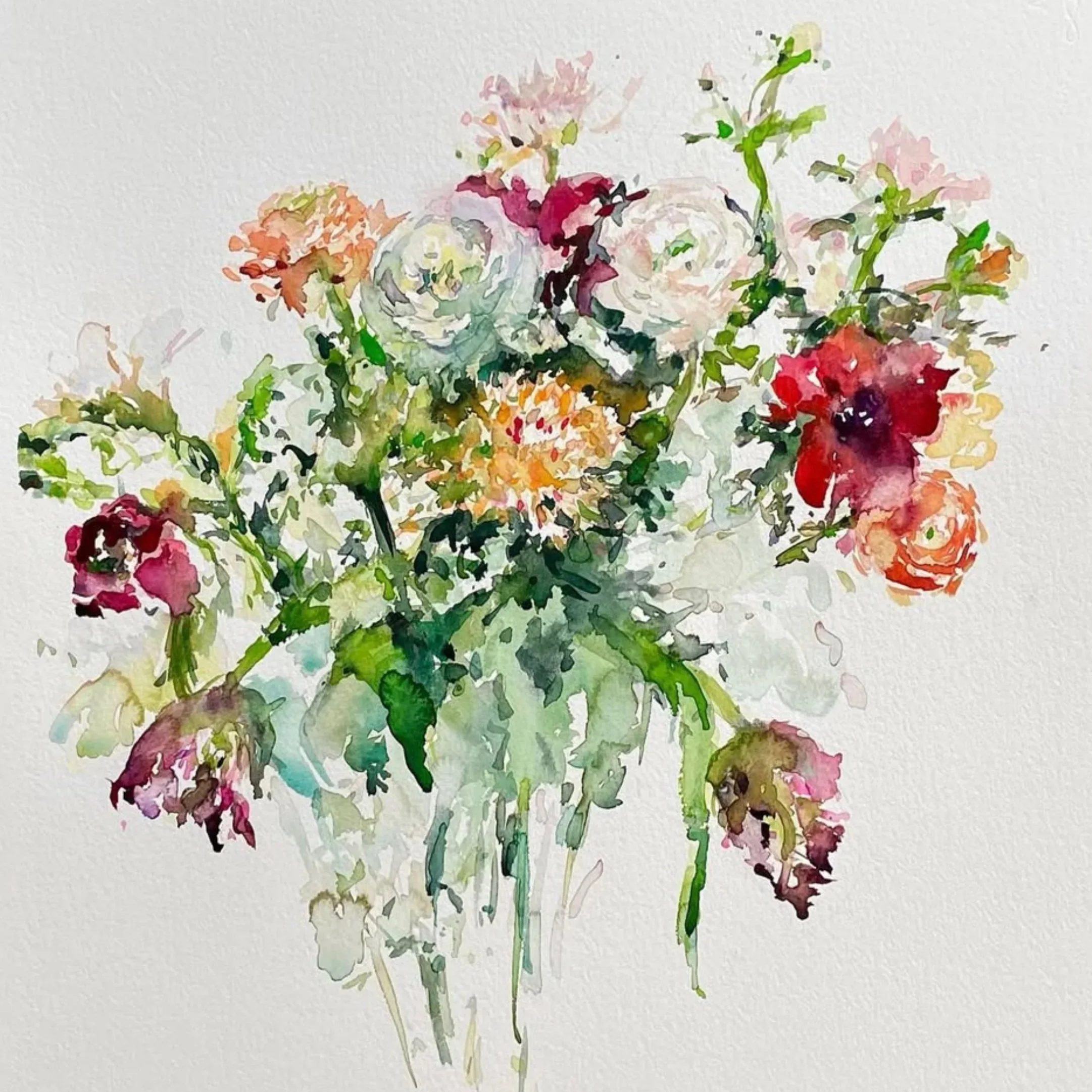 Watercolor painting of a bouquet of mixed flowers in a vase, featuring various colors including pink, red, white, and purple flowers with green leaves.