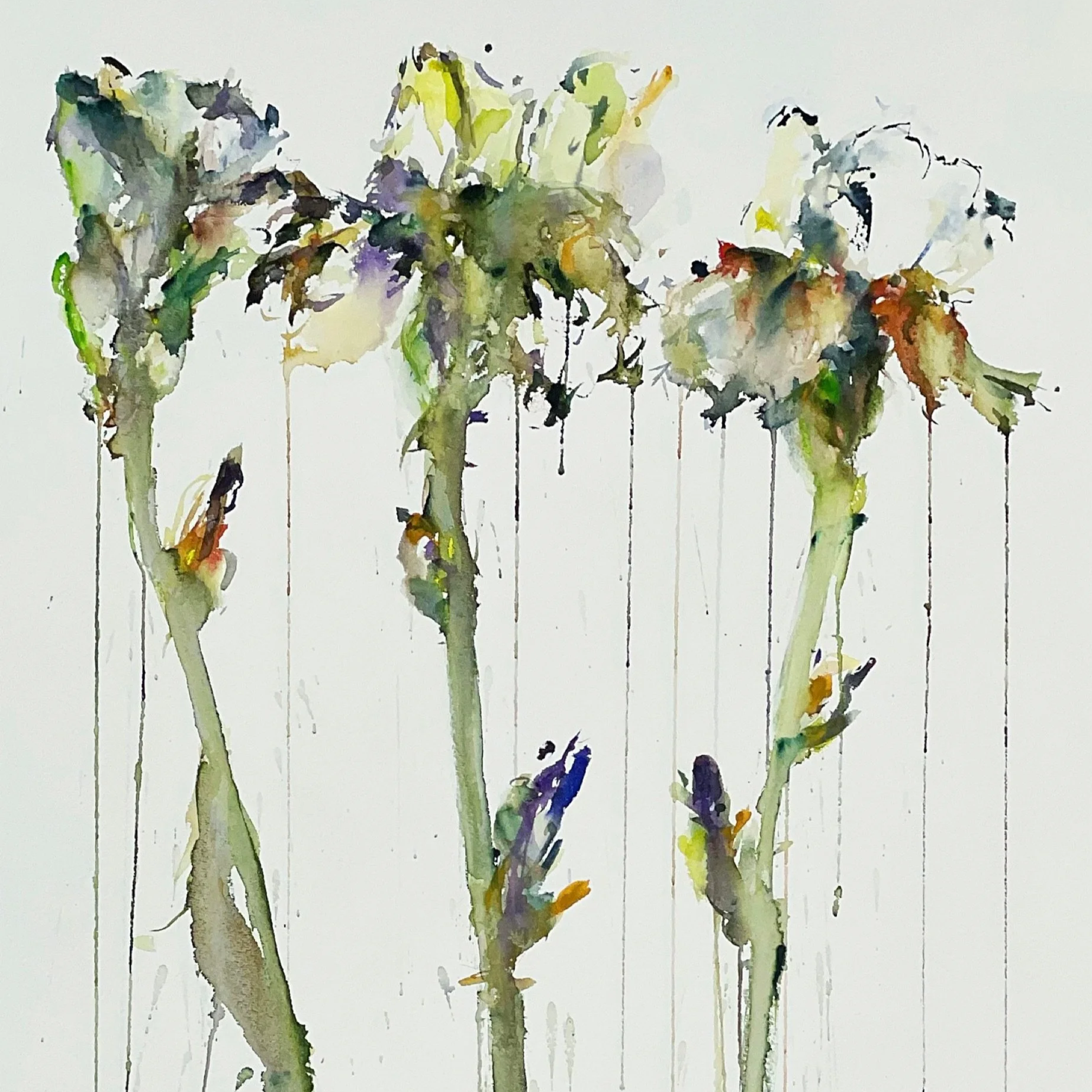 Watercolor painting of three flower stems with leaves, in soft greens, purples, and browns, with some drips and splashes of paint.