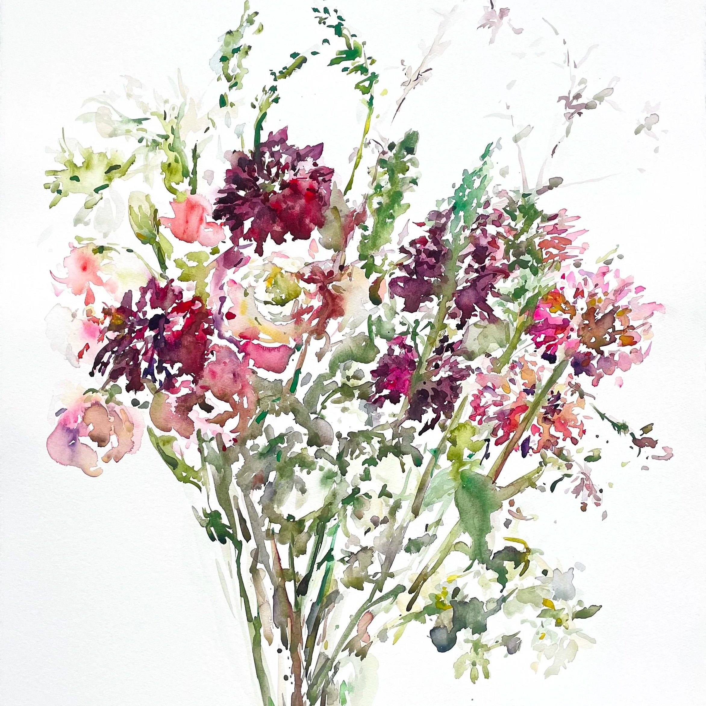 Watercolor painting of a bouquet of pink, purple, and red flowers with green leaves and stems on a white background.