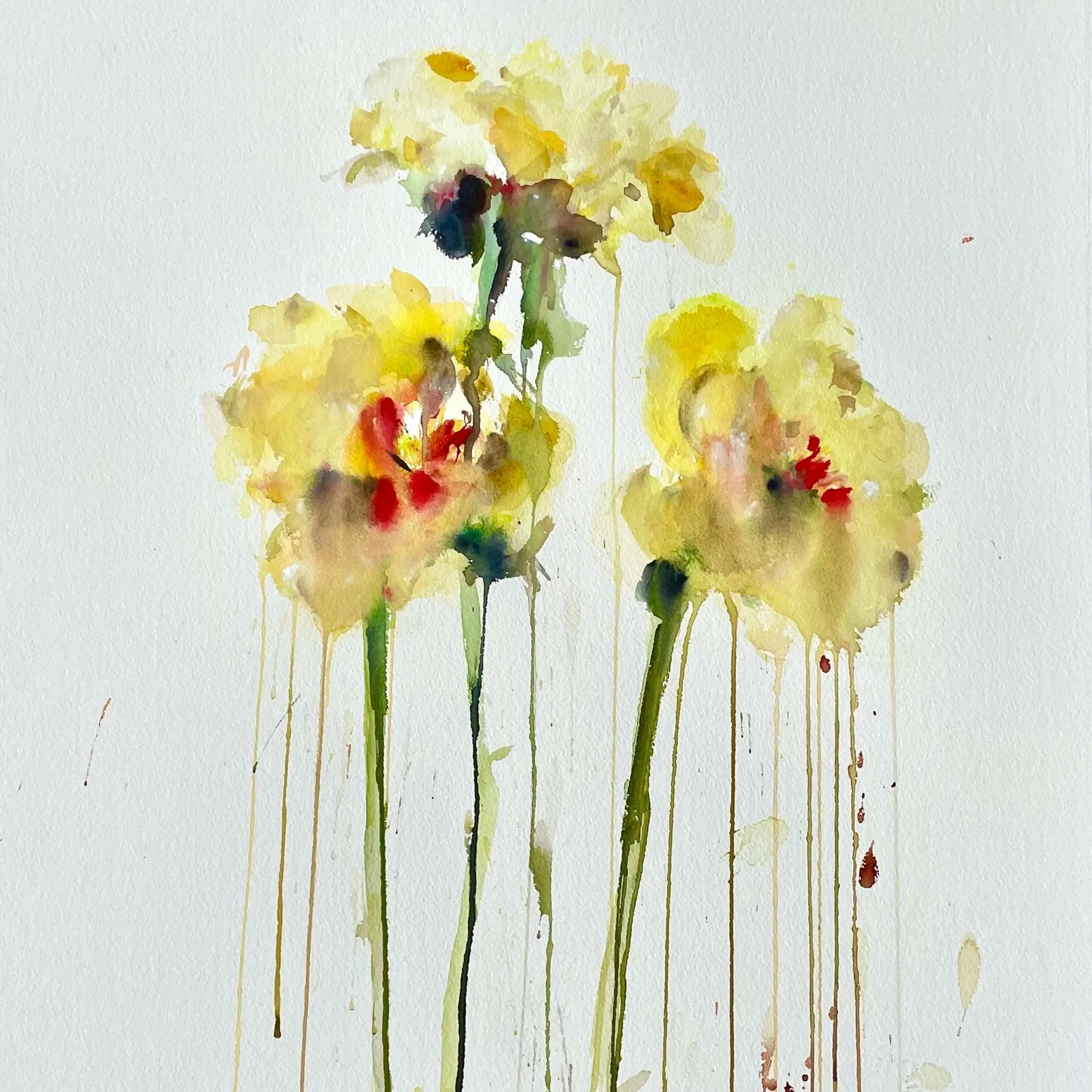 Watercolor painting of three yellow flowers with green stems on white background.
