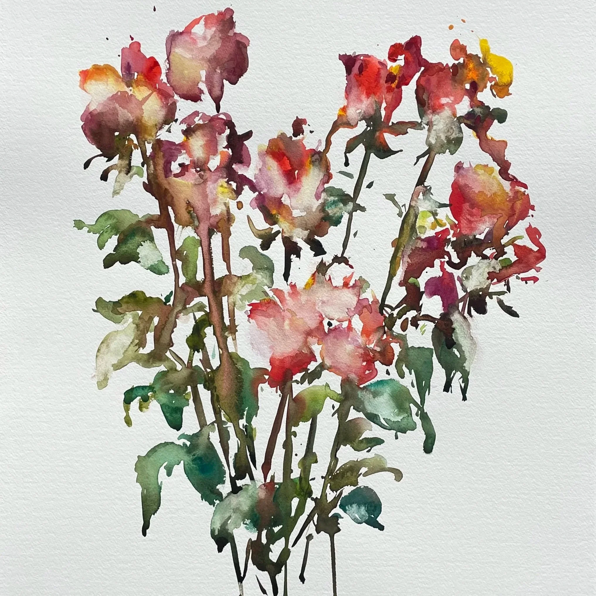 Watercolor painting of a bouquet of pink and red flowers with green leaves on a white background.