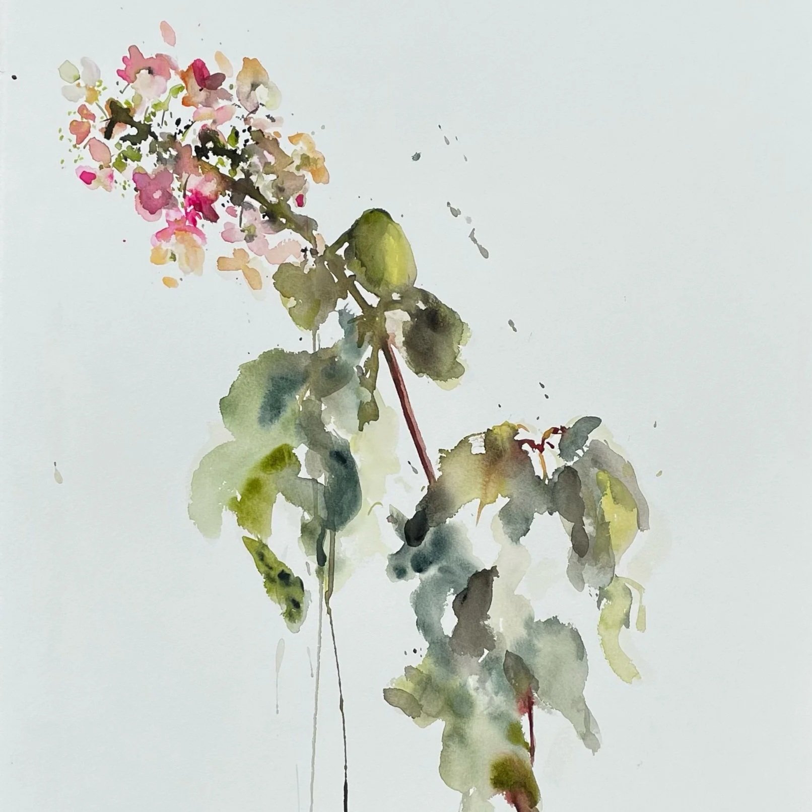 Watercolor painting of a flowering branch with pink blossoms and green leaves.