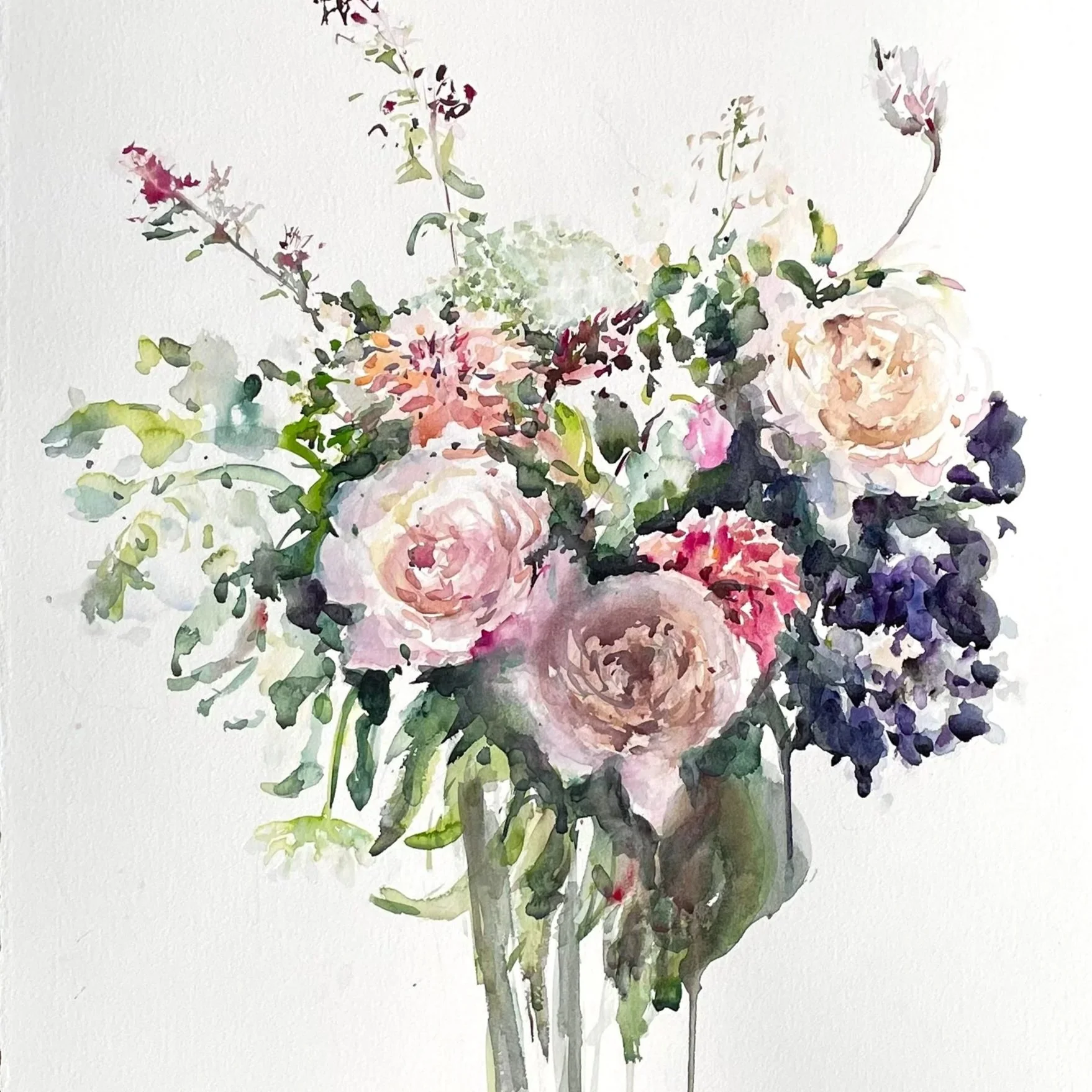 Watercolor painting of a bouquet of pink, white, and purple flowers in a glass vase.