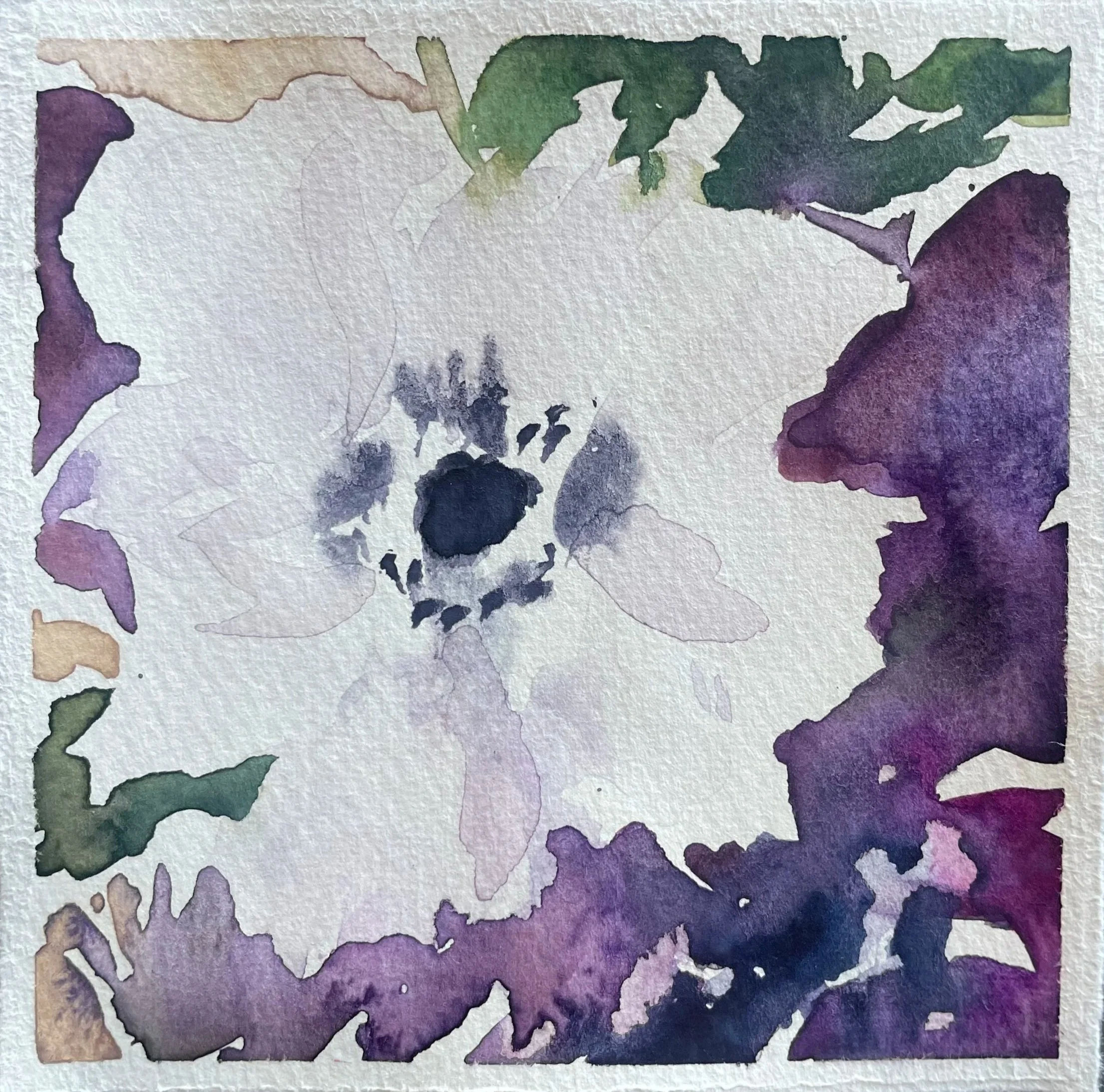 A watercolor painting of a white flower with purple, green, and blue accents surrounding it.