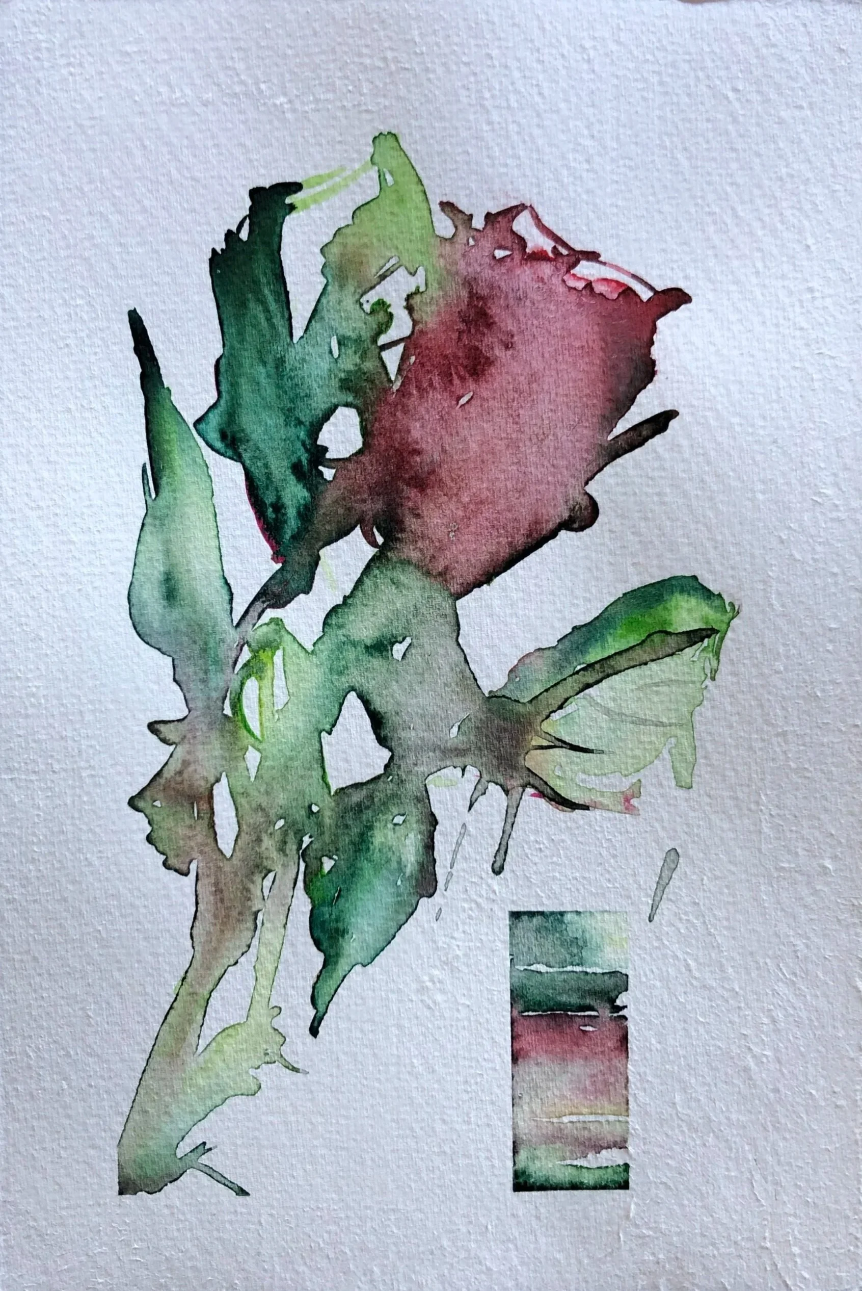 A watercolor painting of a red rose with green leaves, with an abstract watercolor swatch at the bottom.