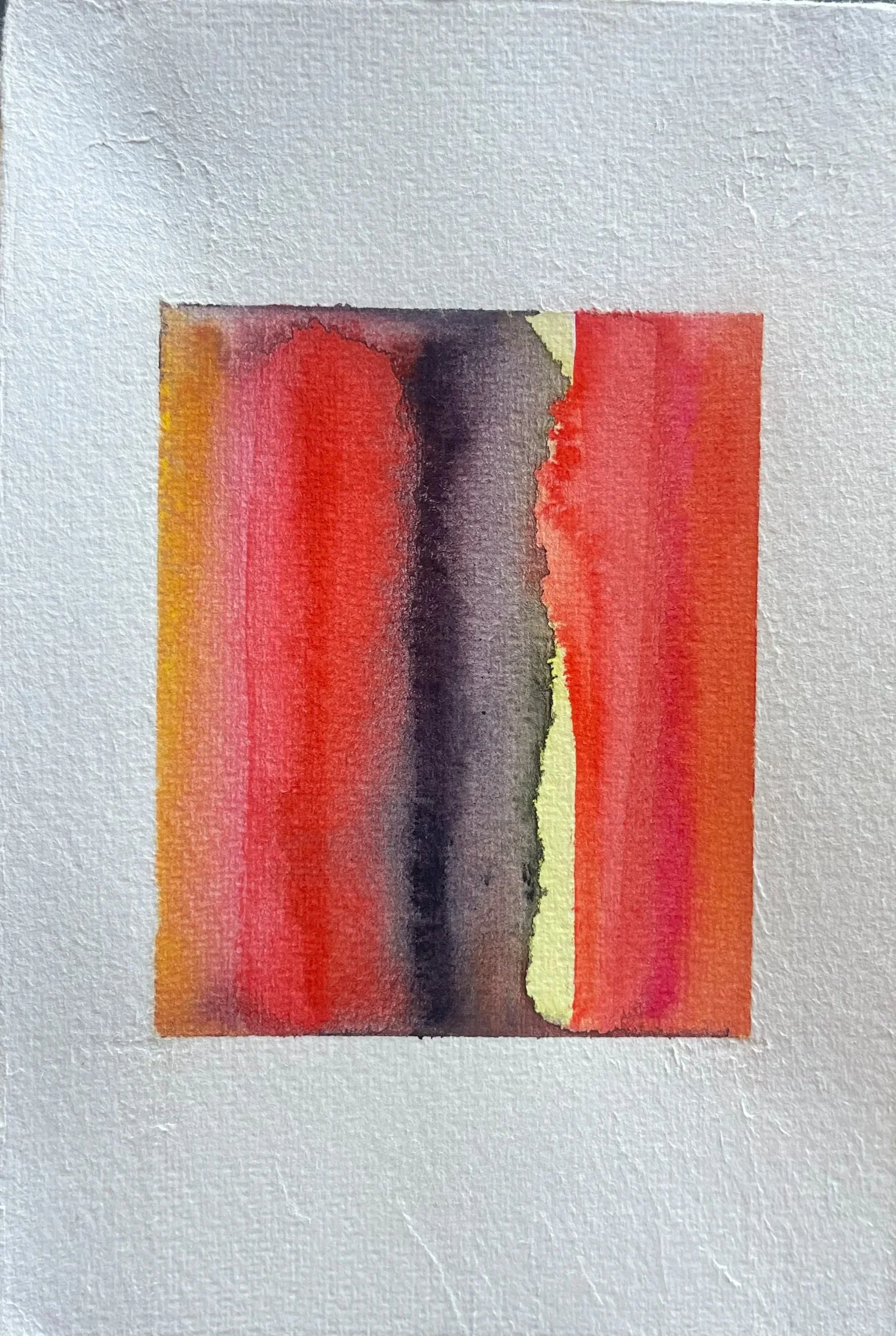 Abstract watercolor painting with vertical bands of red, orange, yellow, and black, on paper with a textured surface.