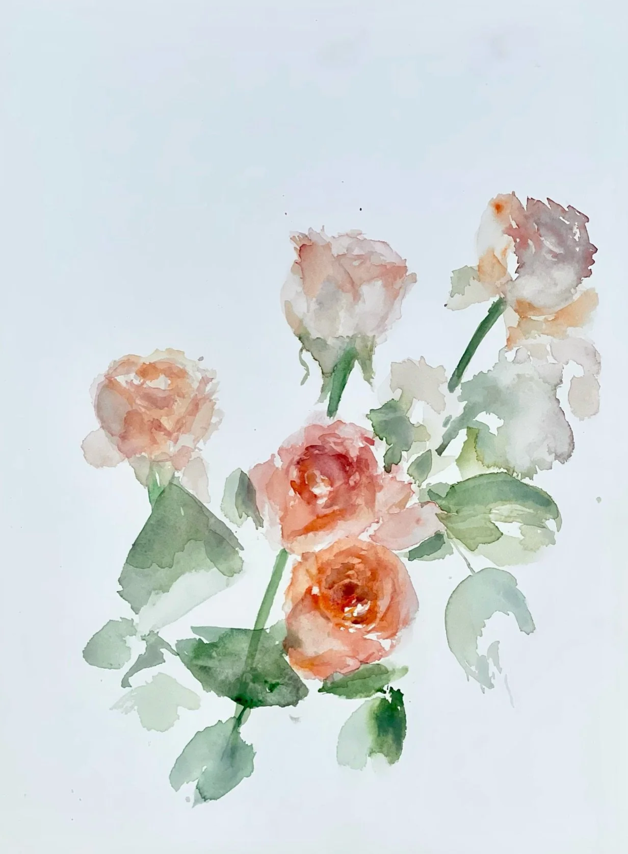 Watercolor painting of five peach-colored roses with green leaves on a light background.